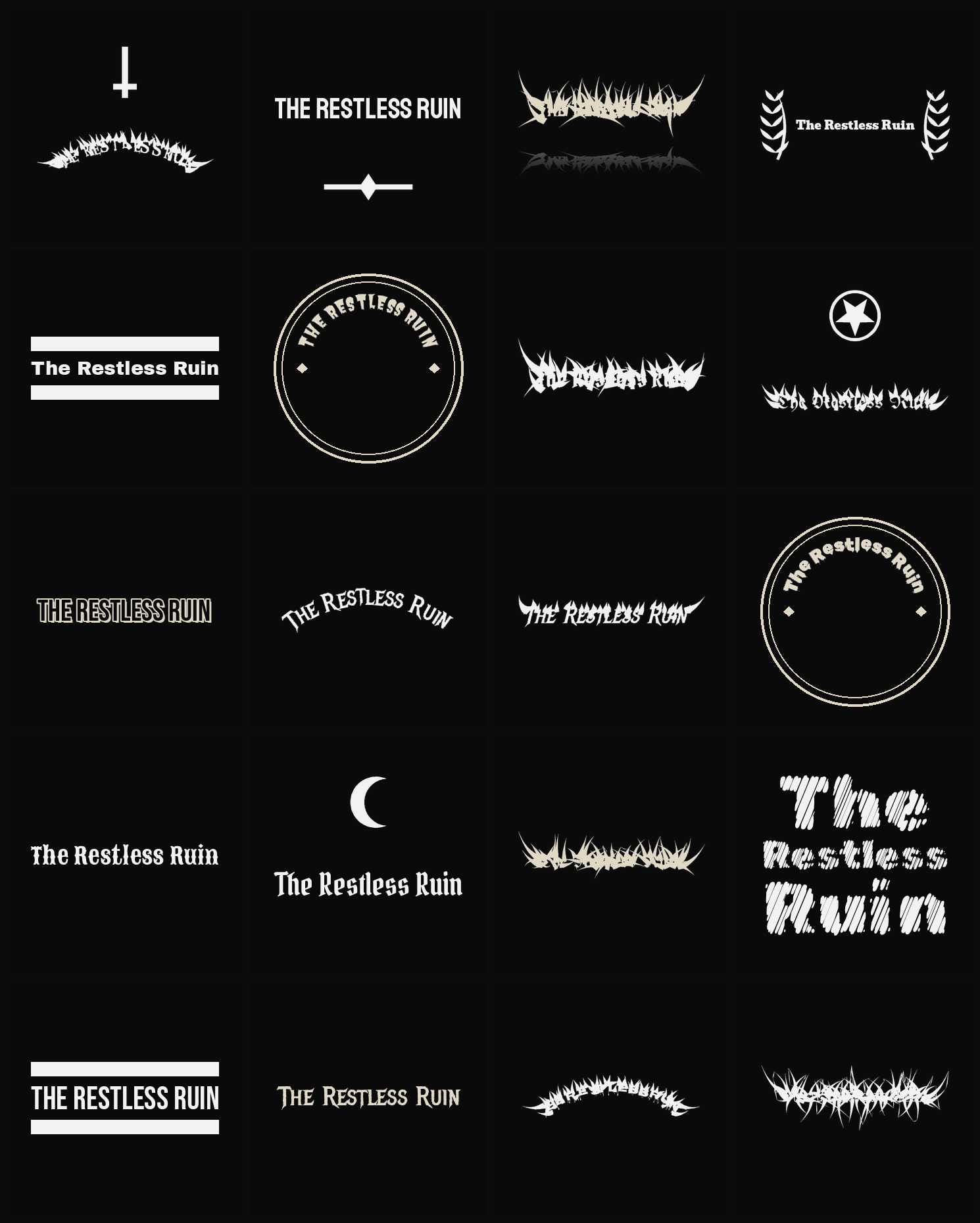 Twenty The Restless Ruin band logo ideas — different faces, treatments and spike settings
