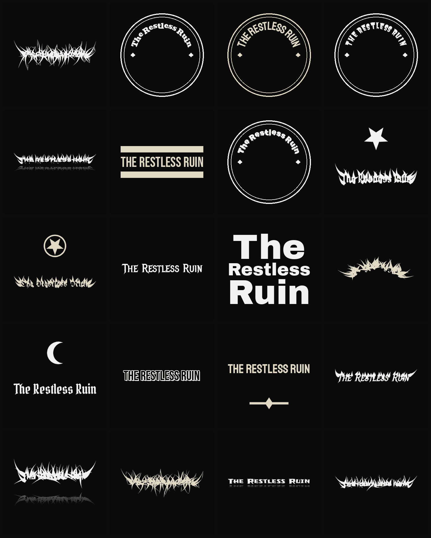 Twenty The Restless Ruin band logo ideas — different faces, treatments and spike settings