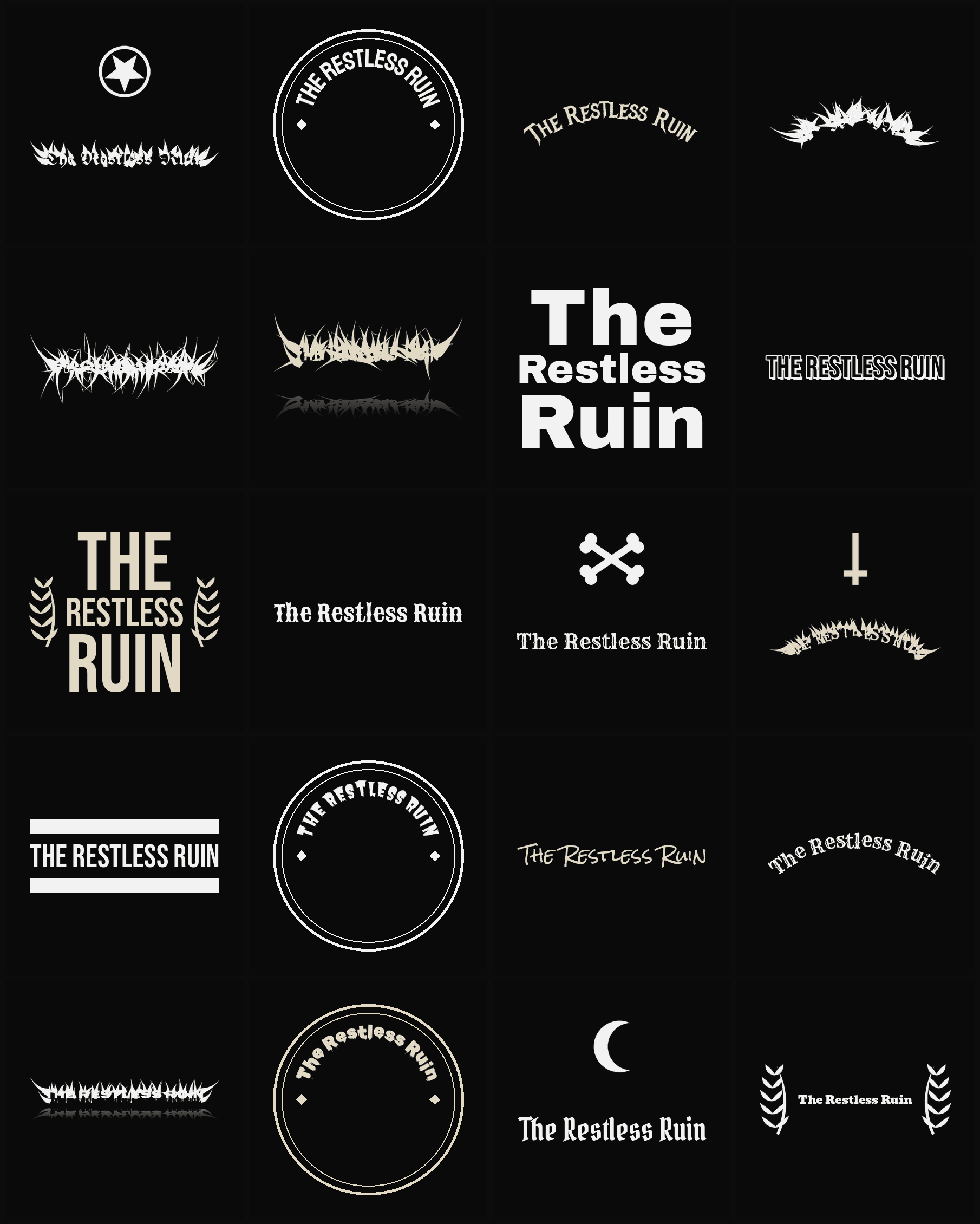 Twenty The Restless Ruin band logo ideas — different faces, treatments and spike settings