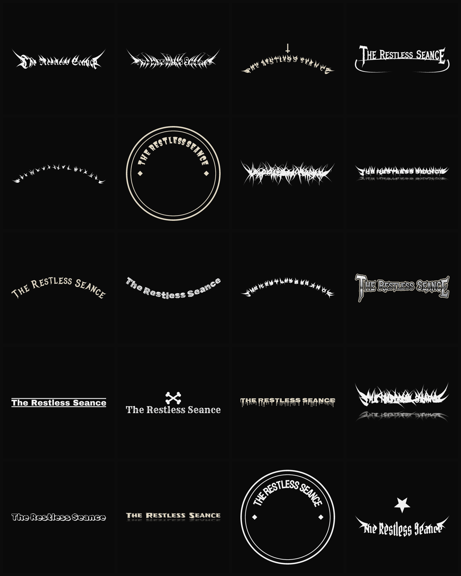 Twenty The Restless Seance band logo ideas — different faces, treatments and spike settings