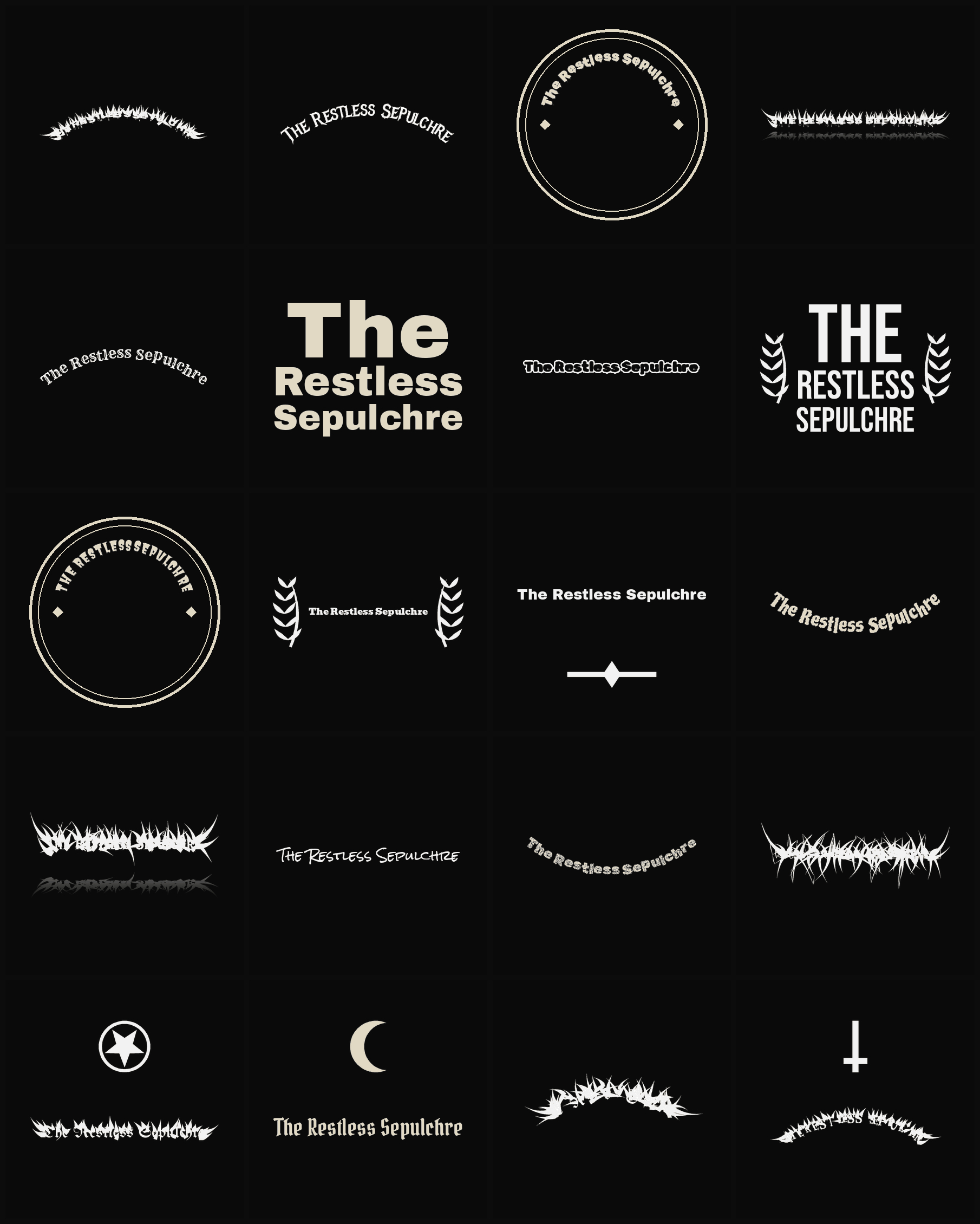 Twenty The Restless Sepulchre band logo ideas — different faces, treatments and spike settings