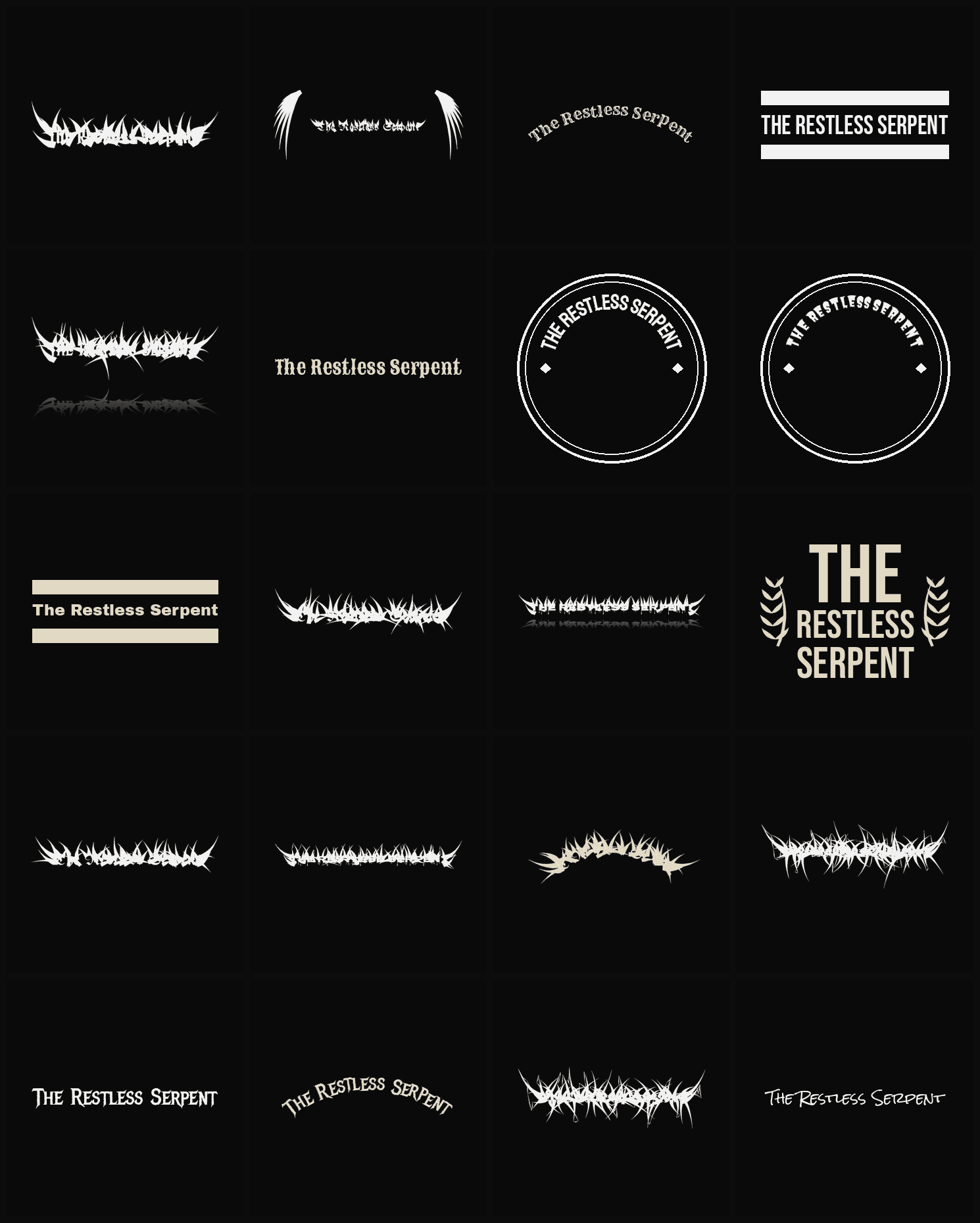 Twenty The Restless Serpent band logo ideas — different faces, treatments and spike settings