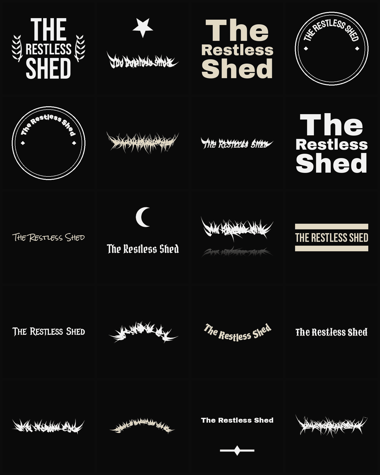Twenty The Restless Shed band logo ideas — different faces, treatments and spike settings
