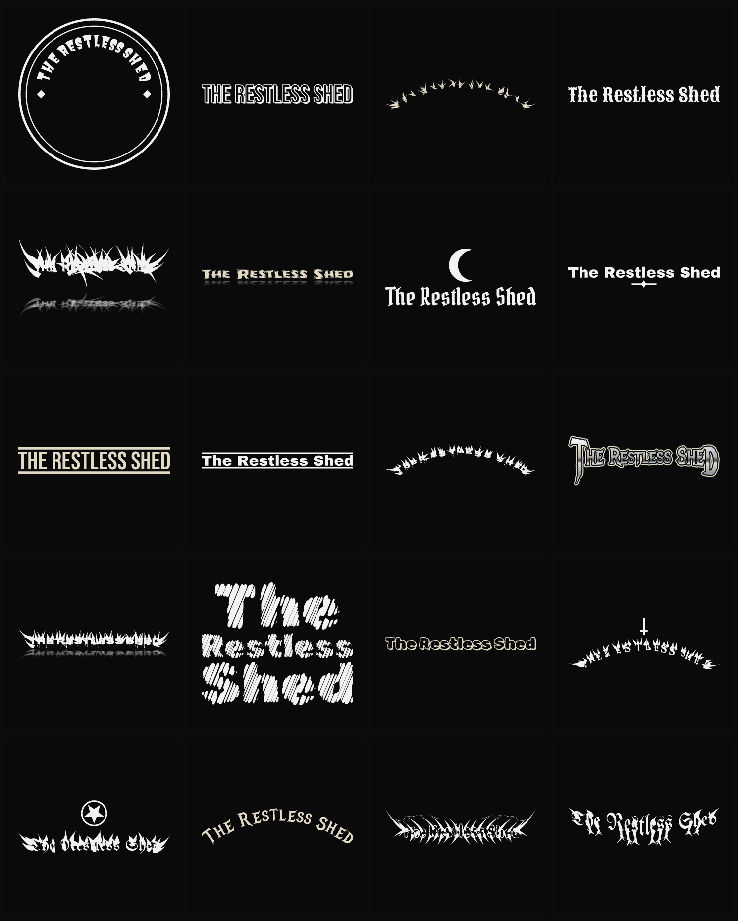 Twenty The Restless Shed band logo ideas — different faces, treatments and spike settings