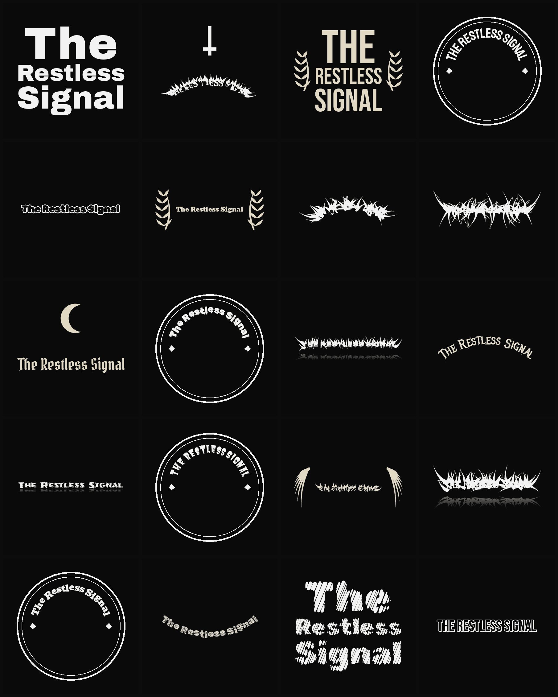 Twenty The Restless Signal band logo ideas — different faces, treatments and spike settings
