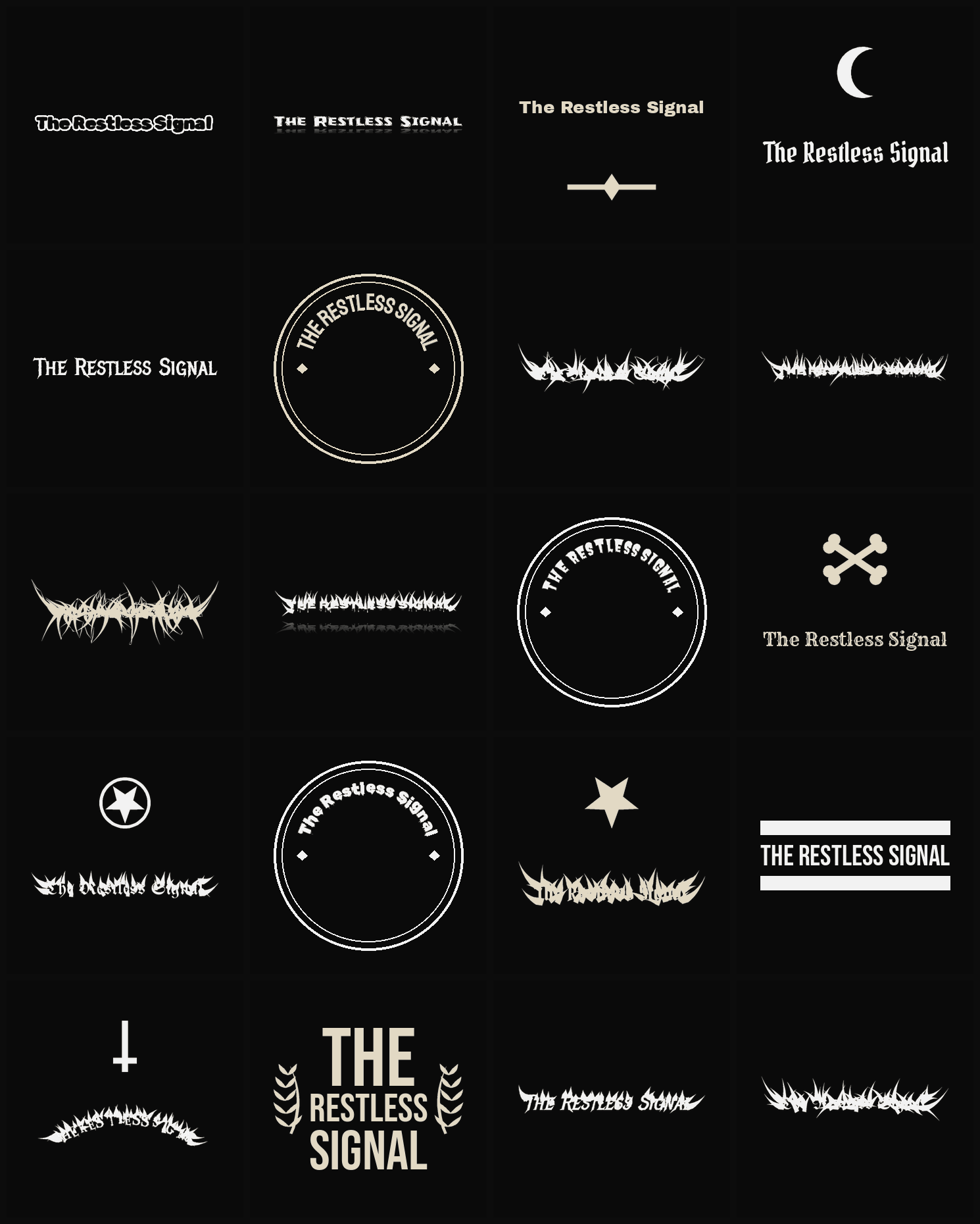 Twenty The Restless Signal band logo ideas — different faces, treatments and spike settings