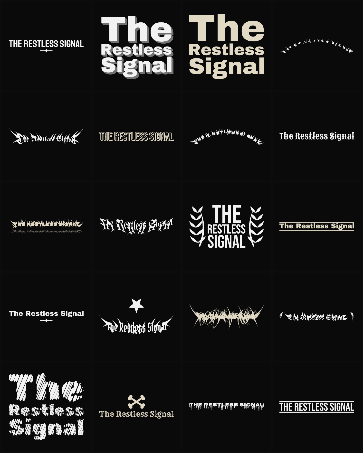 Twenty The Restless Signal band logo ideas — different faces, treatments and spike settings