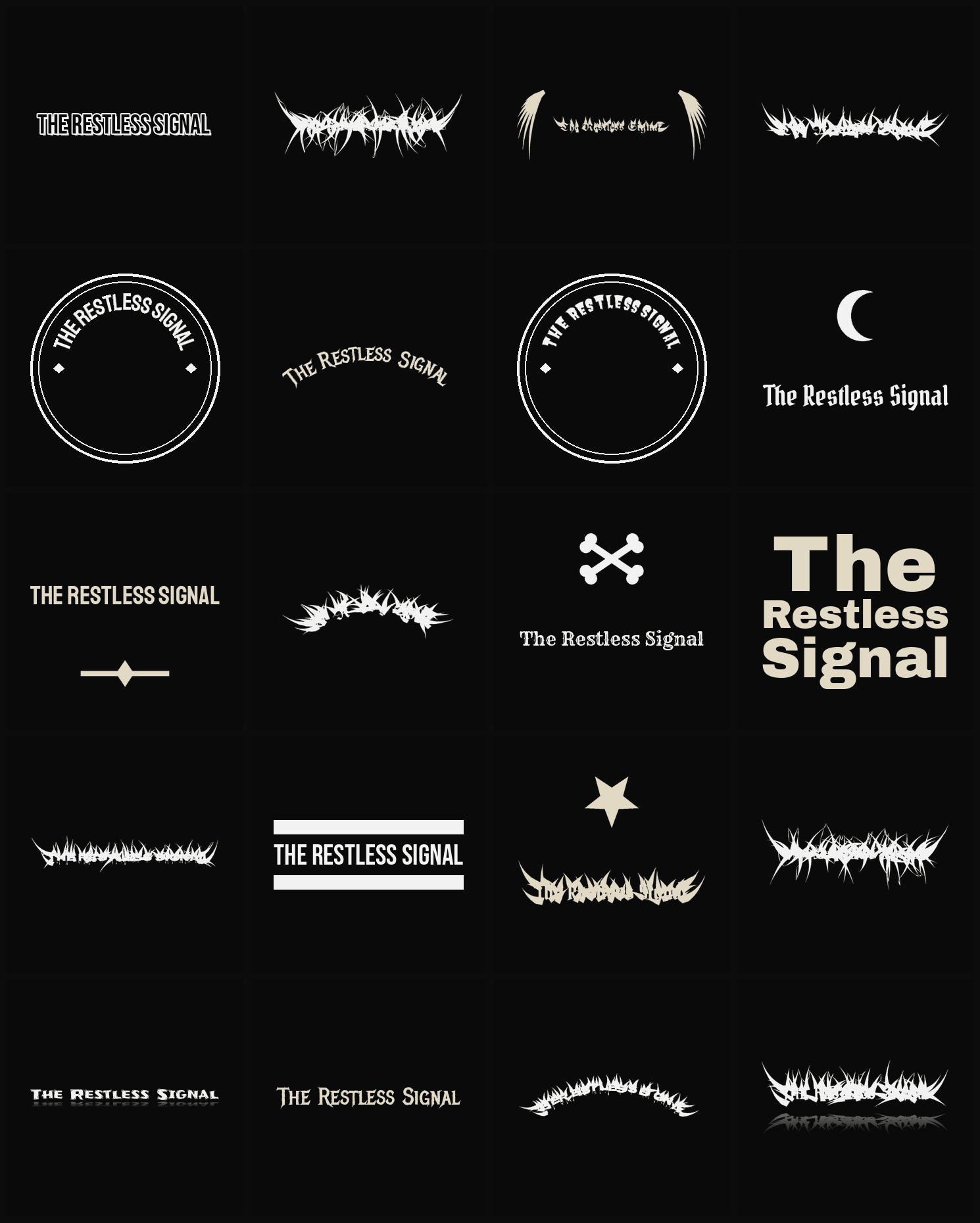 Twenty The Restless Signal band logo ideas — different faces, treatments and spike settings