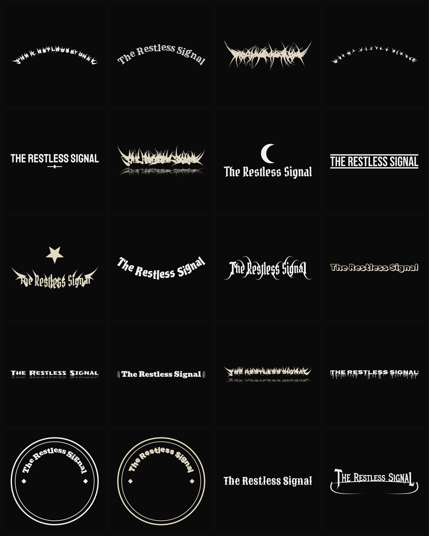 Twenty The Restless Signal band logo ideas — different faces, treatments and spike settings