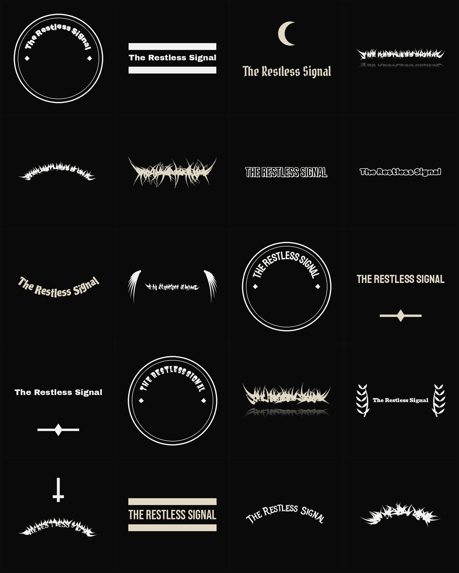 Twenty The Restless Signal band logo ideas — different faces, treatments and spike settings