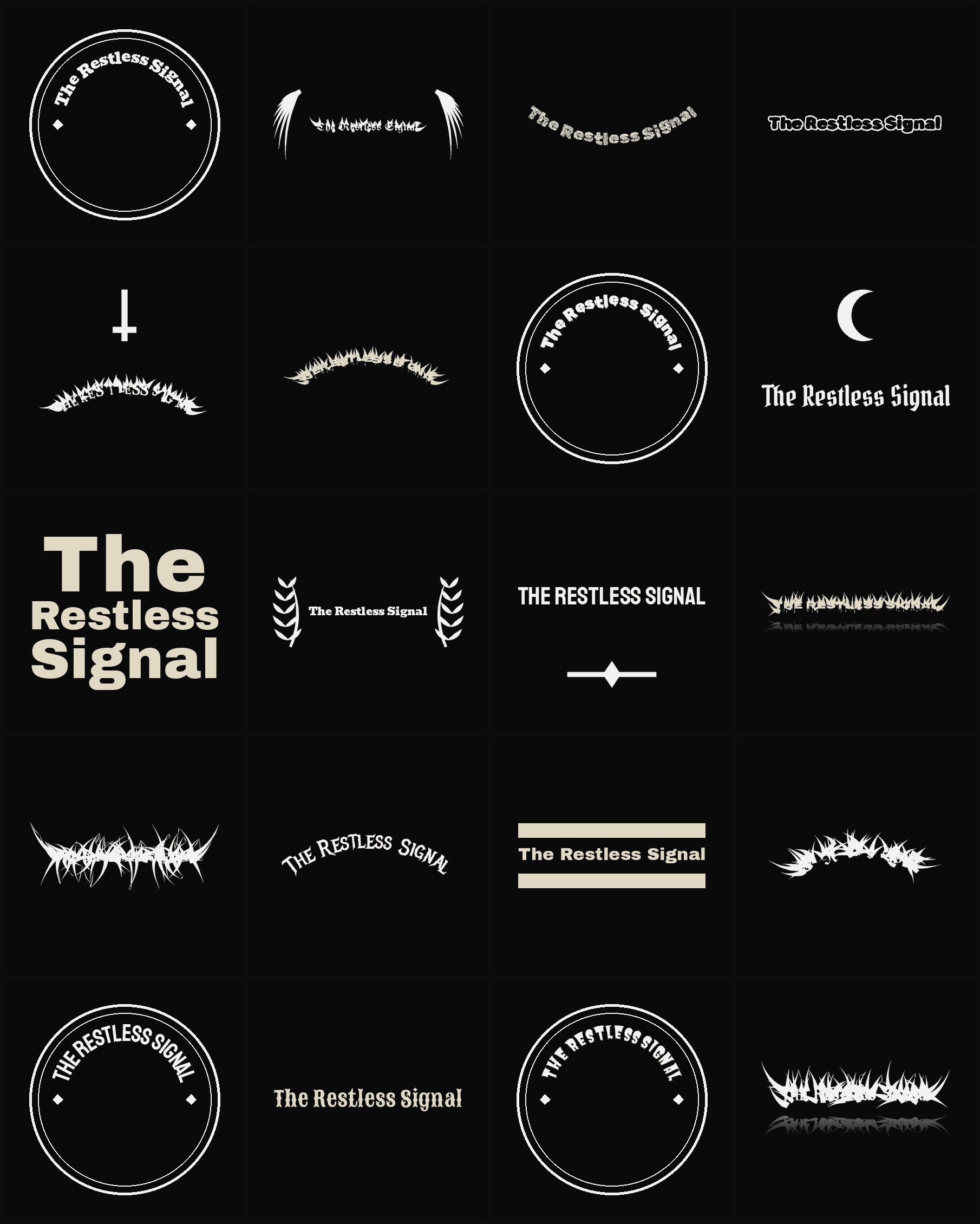 Twenty The Restless Signal band logo ideas — different faces, treatments and spike settings