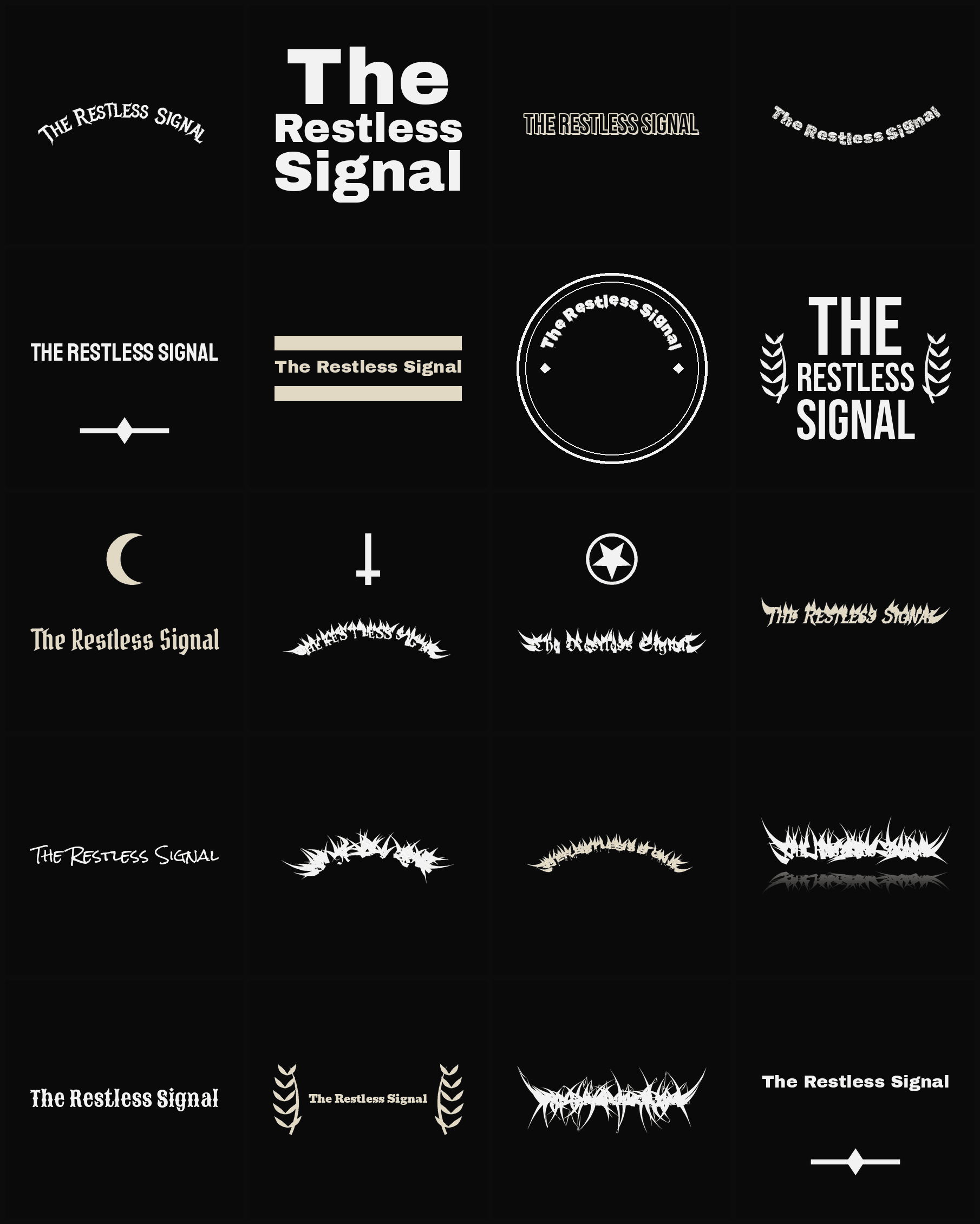 Twenty The Restless Signal band logo ideas — different faces, treatments and spike settings