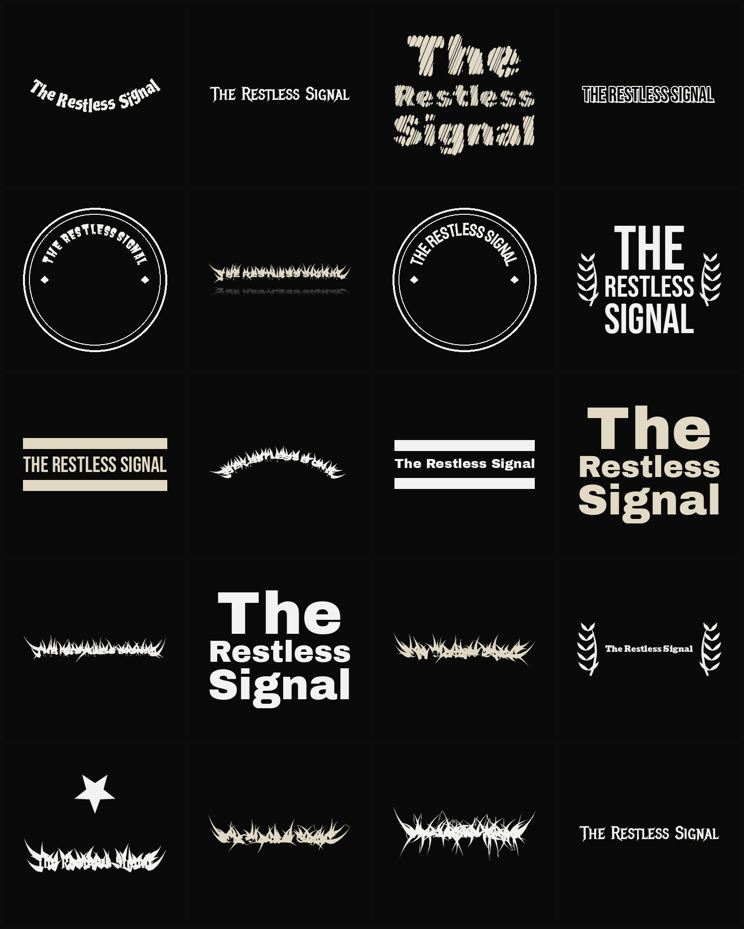 Twenty The Restless Signal band logo ideas — different faces, treatments and spike settings
