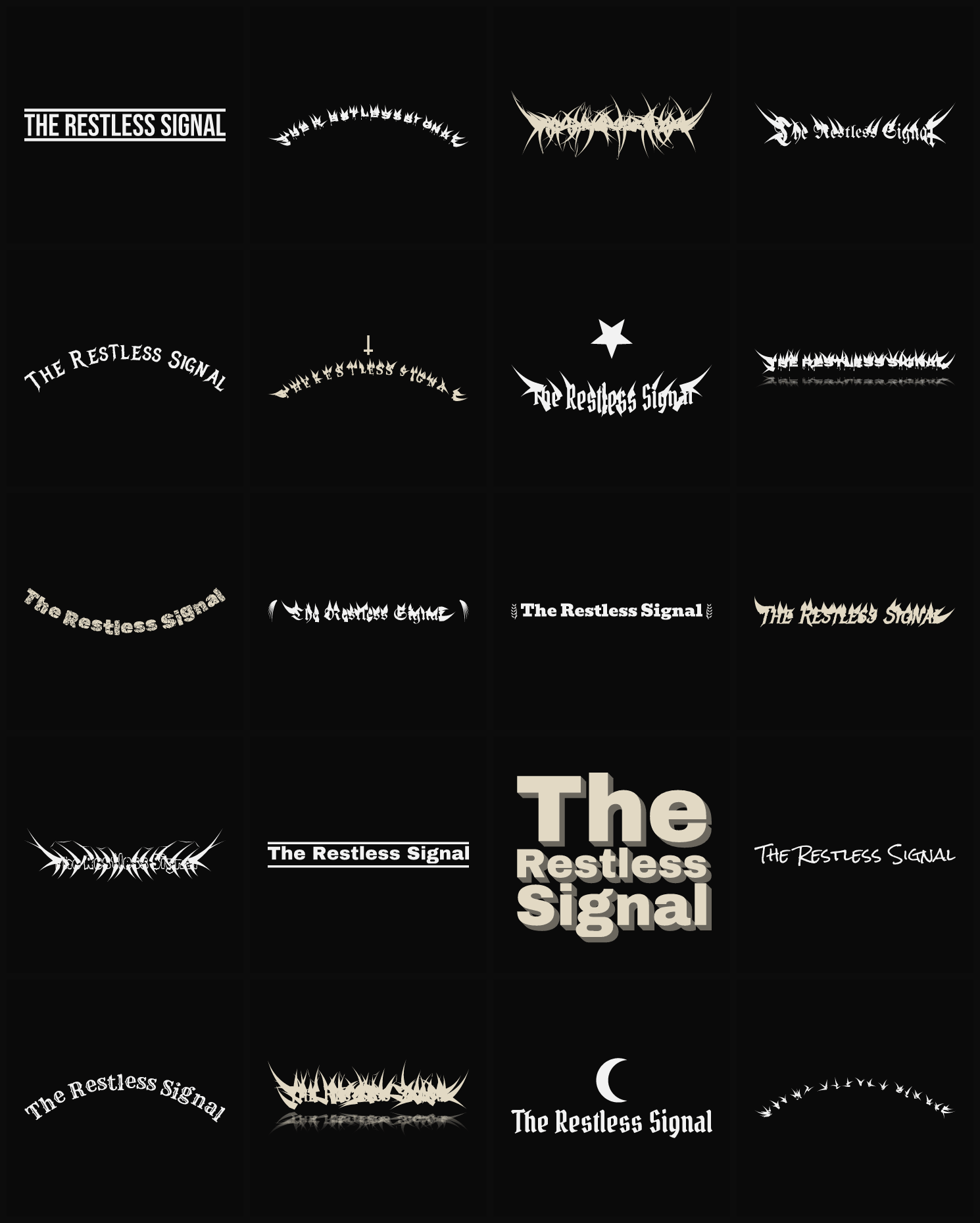 Twenty The Restless Signal band logo ideas — different faces, treatments and spike settings