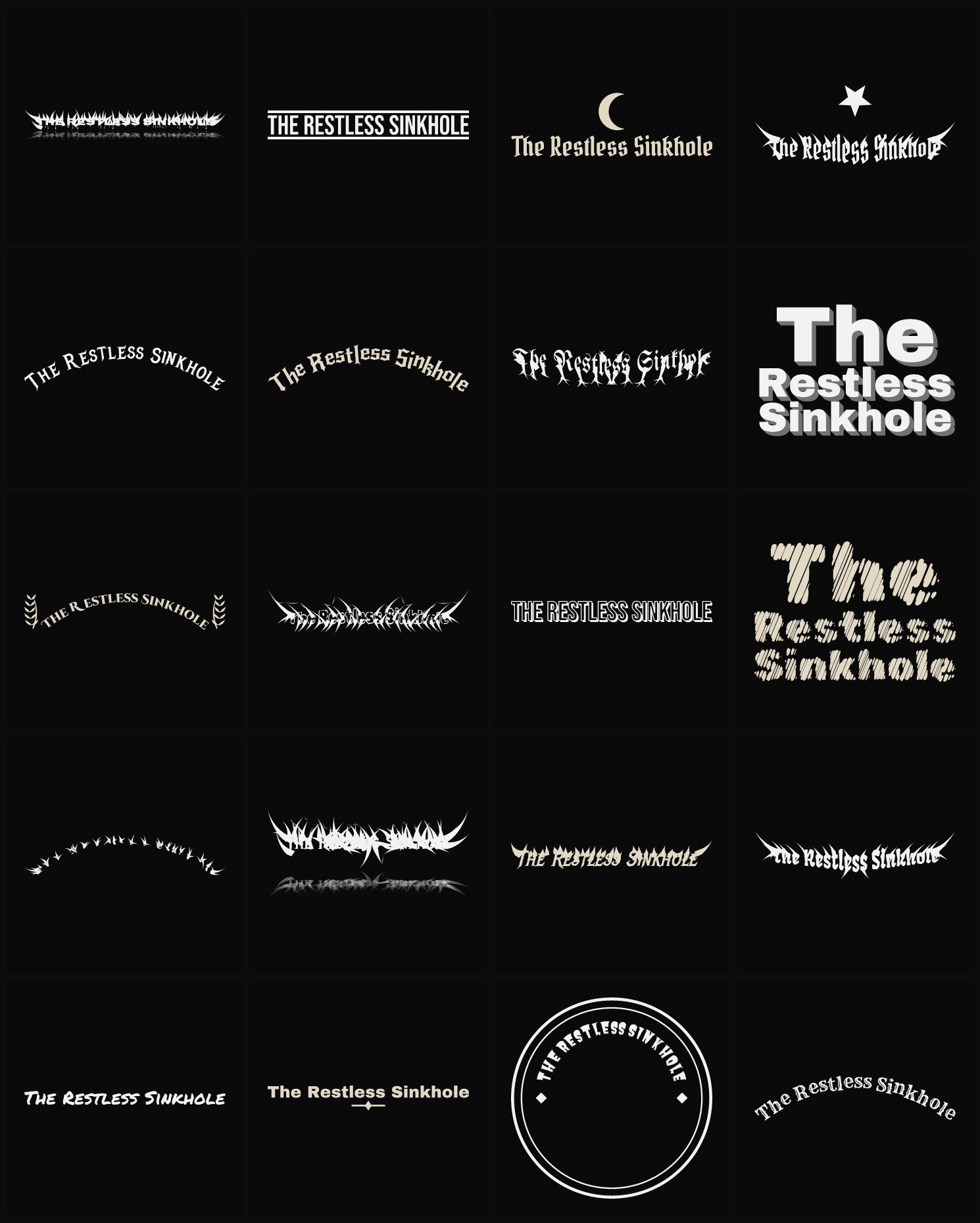Twenty The Restless Sinkhole band logo ideas — different faces, treatments and spike settings