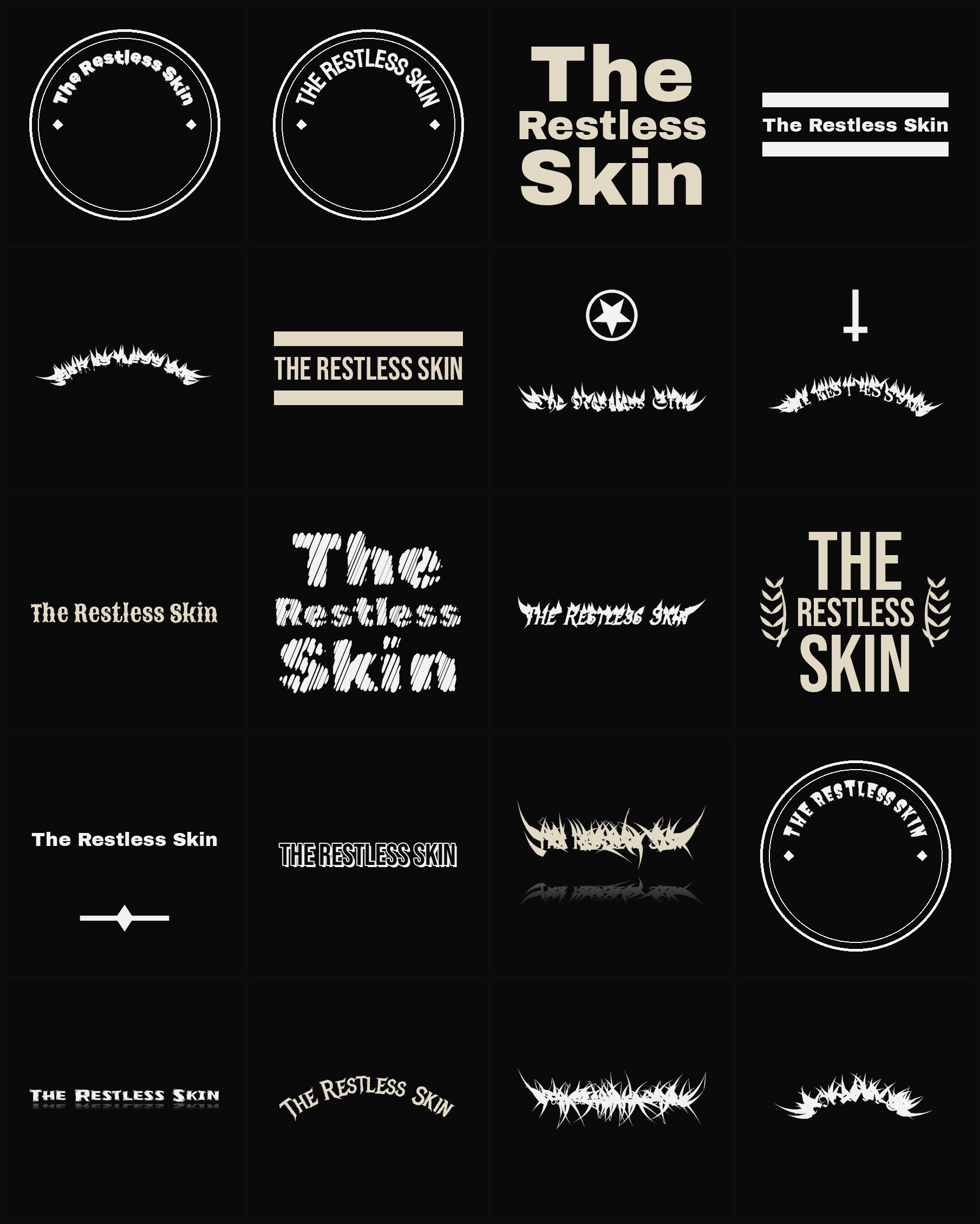 Twenty The Restless Skin band logo ideas — different faces, treatments and spike settings