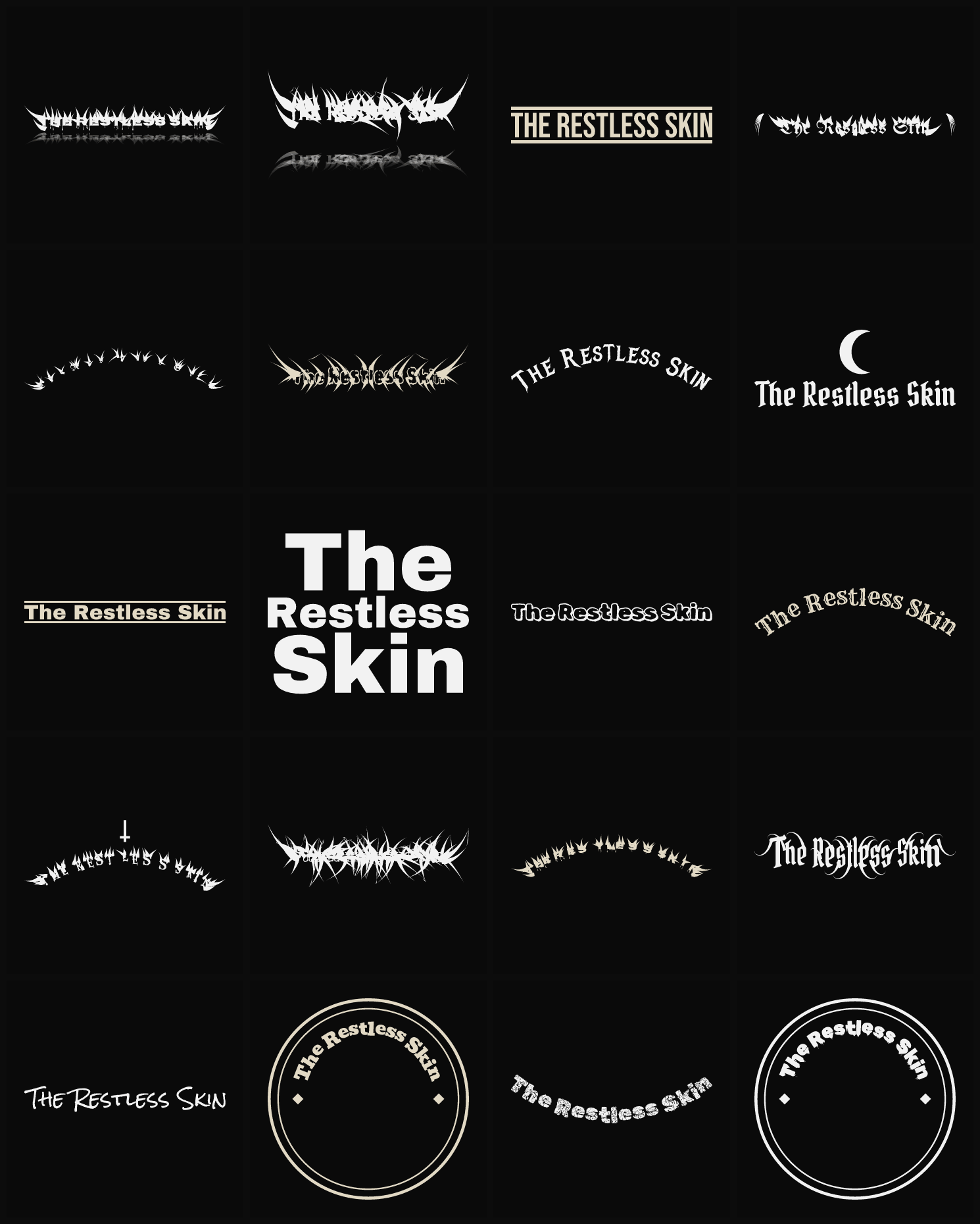 Twenty The Restless Skin band logo ideas — different faces, treatments and spike settings