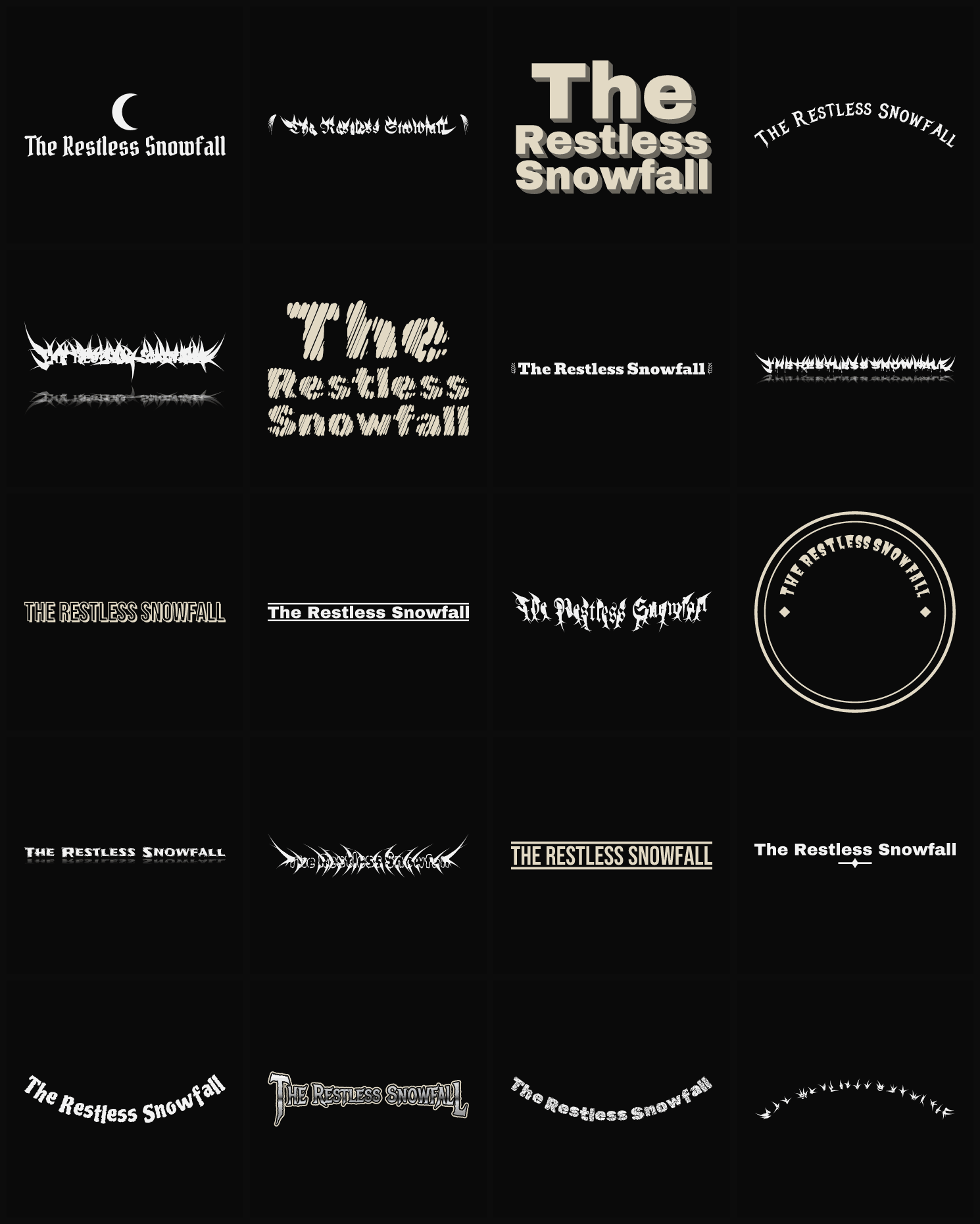 Twenty The Restless Snowfall band logo ideas — different faces, treatments and spike settings