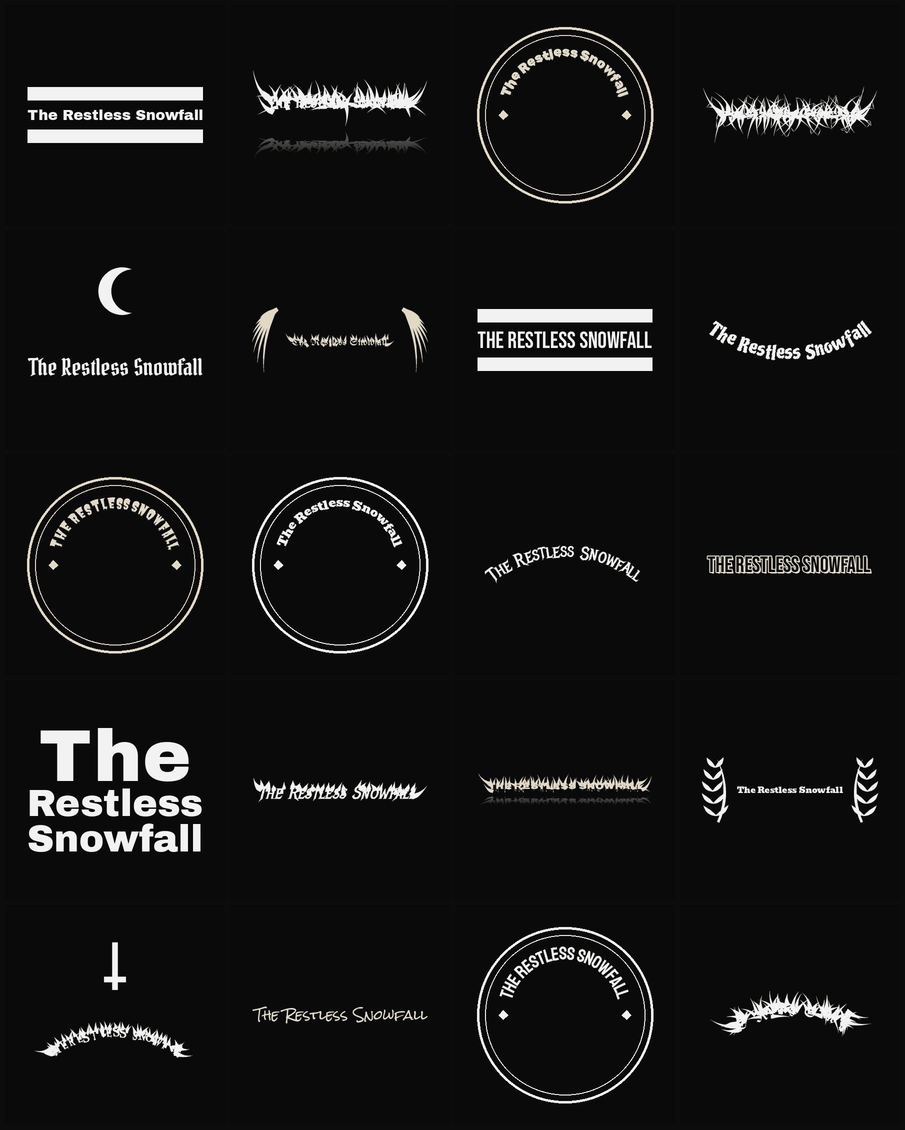 Twenty The Restless Snowfall band logo ideas — different faces, treatments and spike settings