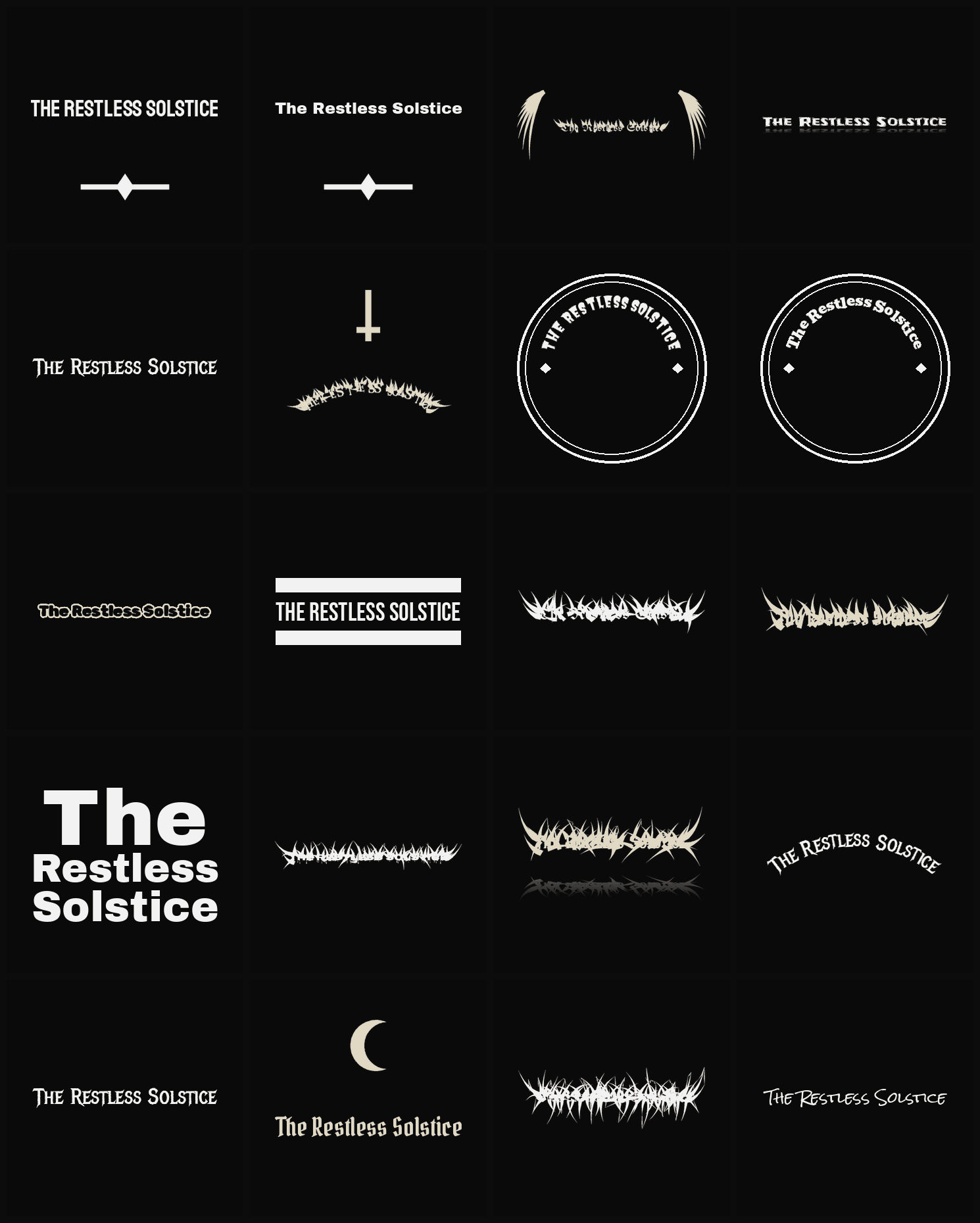 Twenty The Restless Solstice band logo ideas — different faces, treatments and spike settings