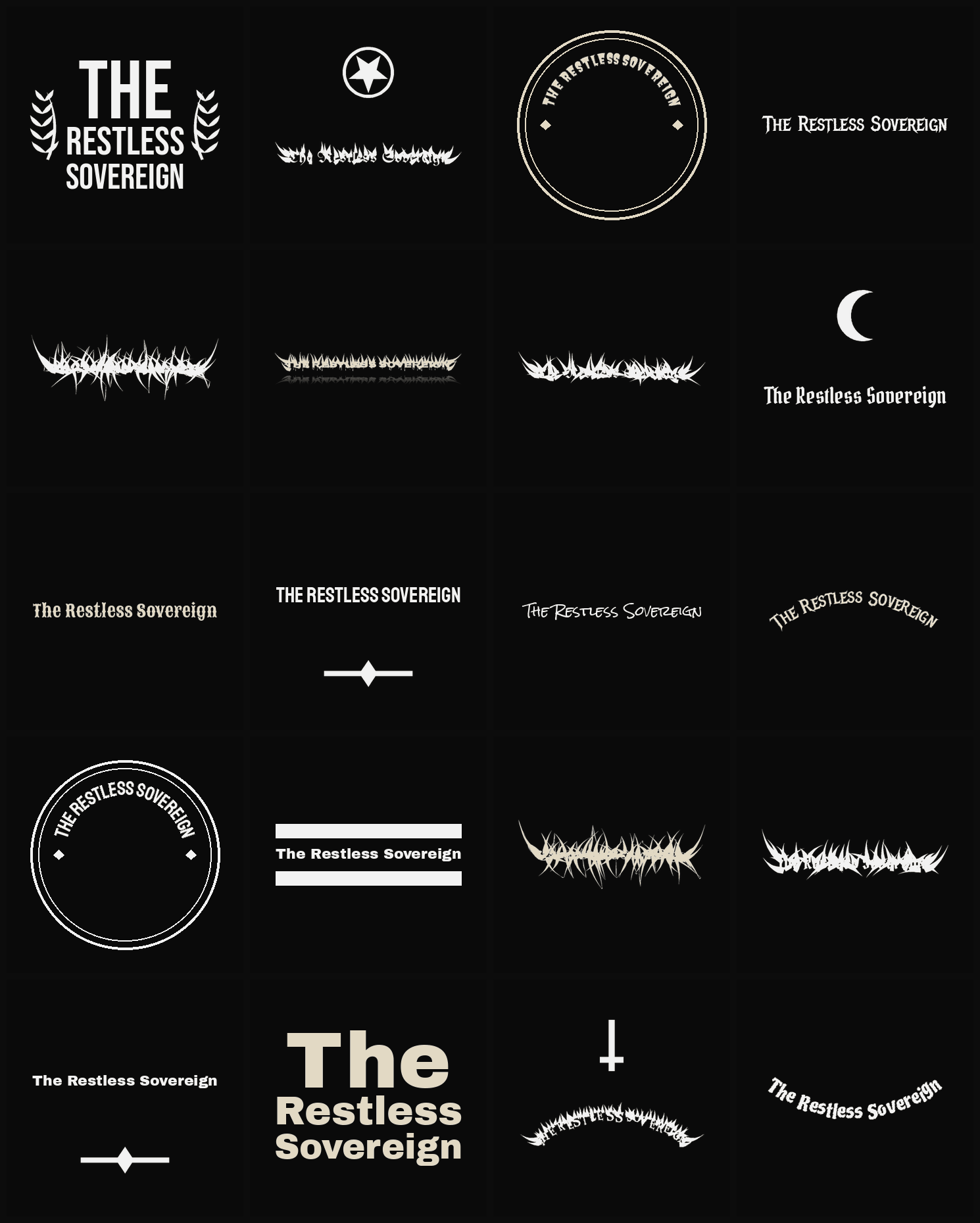 Twenty The Restless Sovereign band logo ideas — different faces, treatments and spike settings