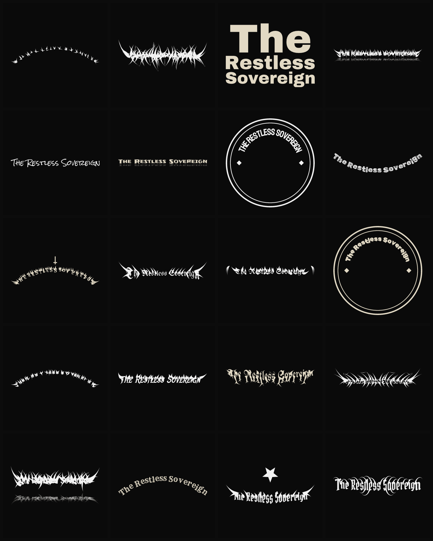 Twenty The Restless Sovereign band logo ideas — different faces, treatments and spike settings