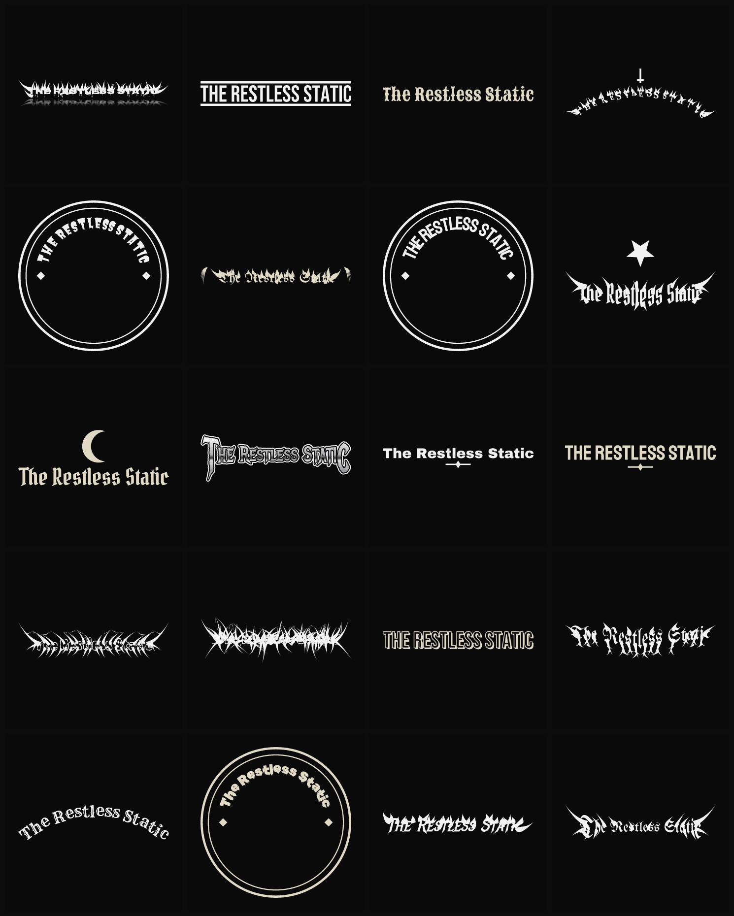 Twenty The Restless Static band logo ideas — different faces, treatments and spike settings