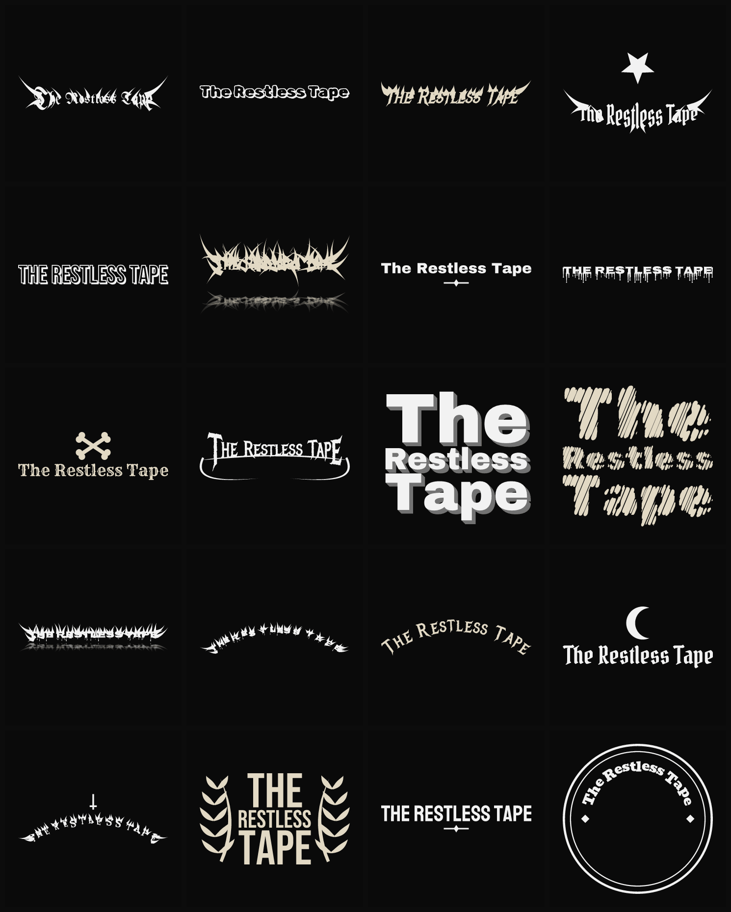 Twenty The Restless Tape band logo ideas — different faces, treatments and spike settings