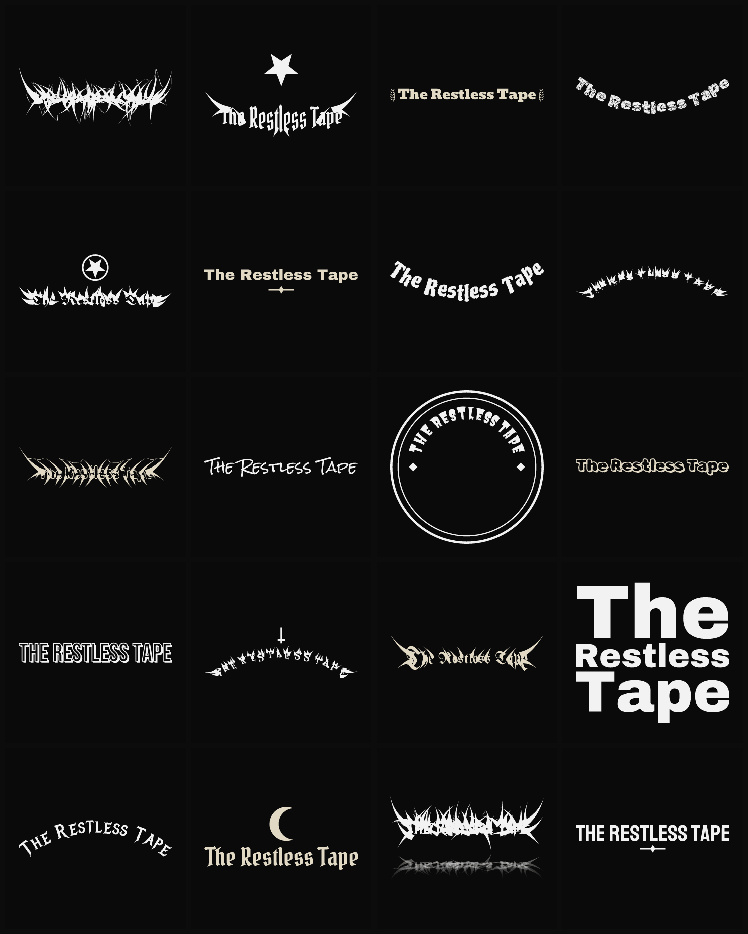 Twenty The Restless Tape band logo ideas — different faces, treatments and spike settings