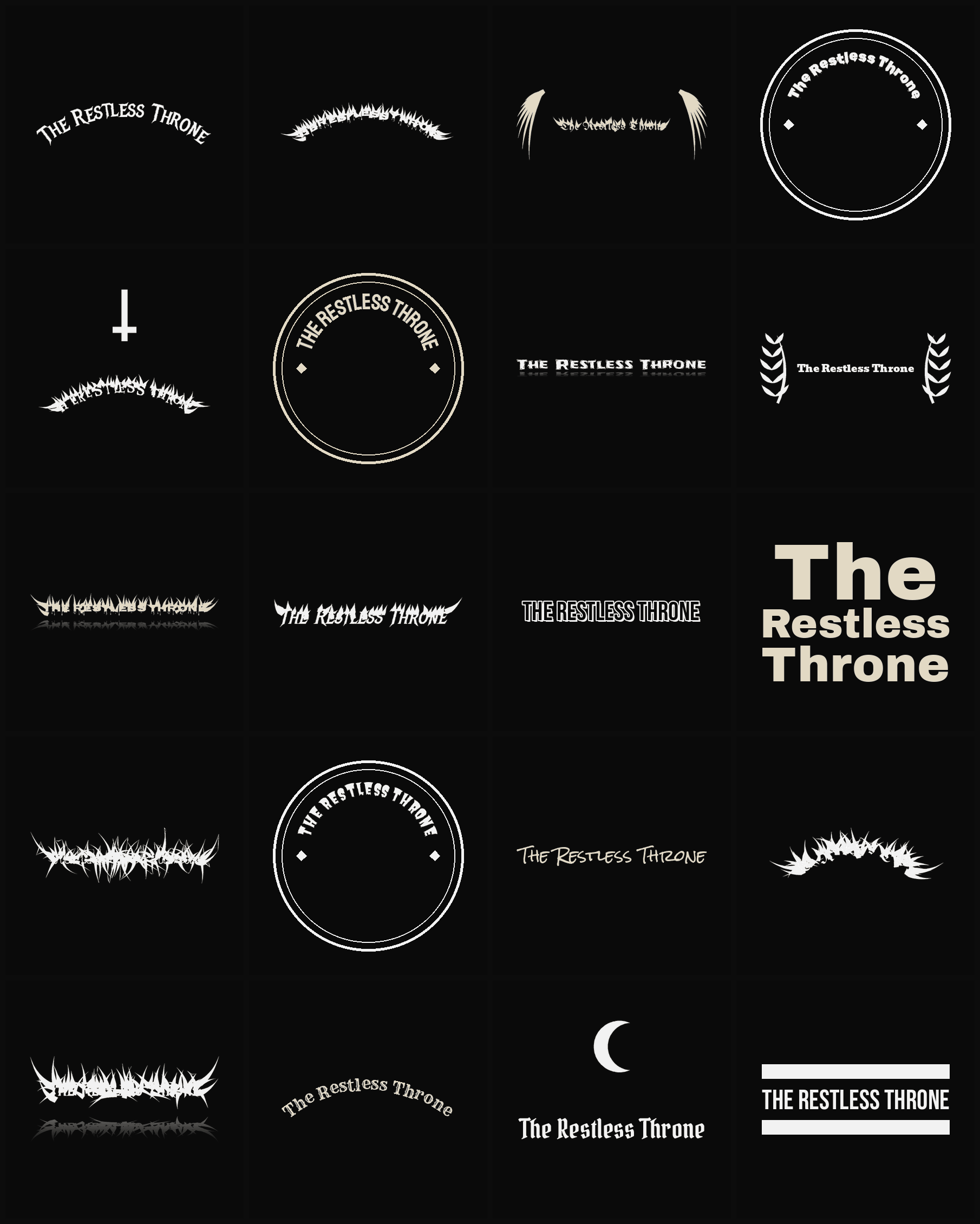 Twenty The Restless Throne band logo ideas — different faces, treatments and spike settings