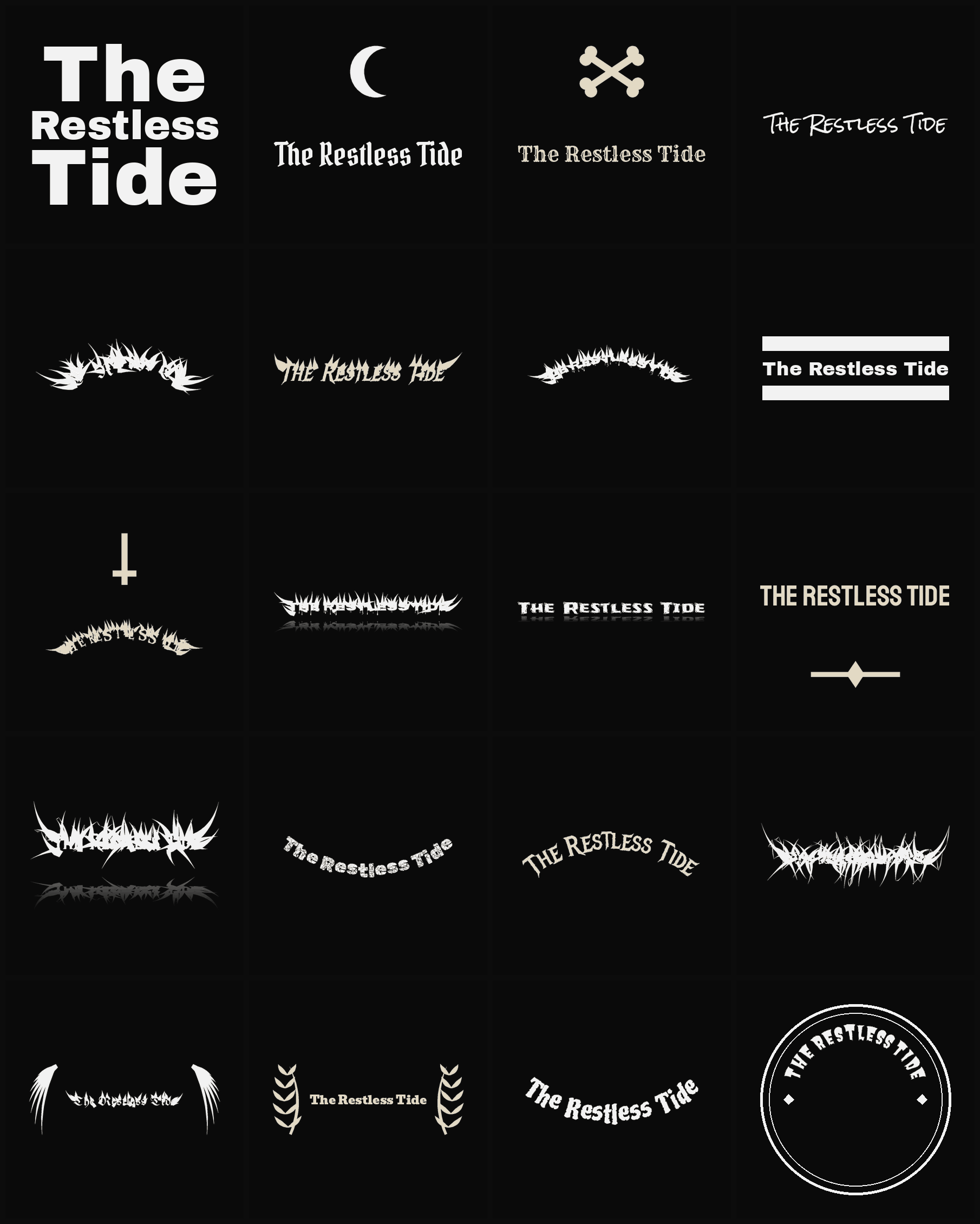 Twenty The Restless Tide band logo ideas — different faces, treatments and spike settings