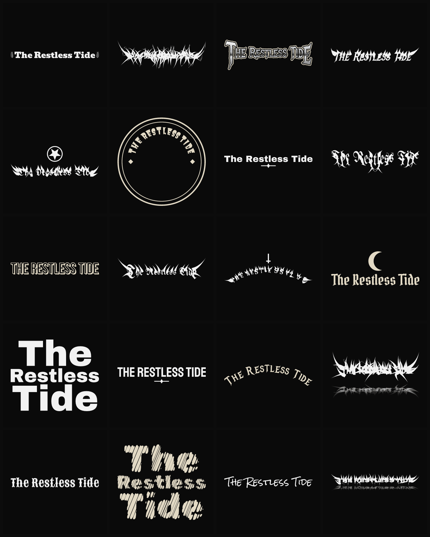 Twenty The Restless Tide band logo ideas — different faces, treatments and spike settings