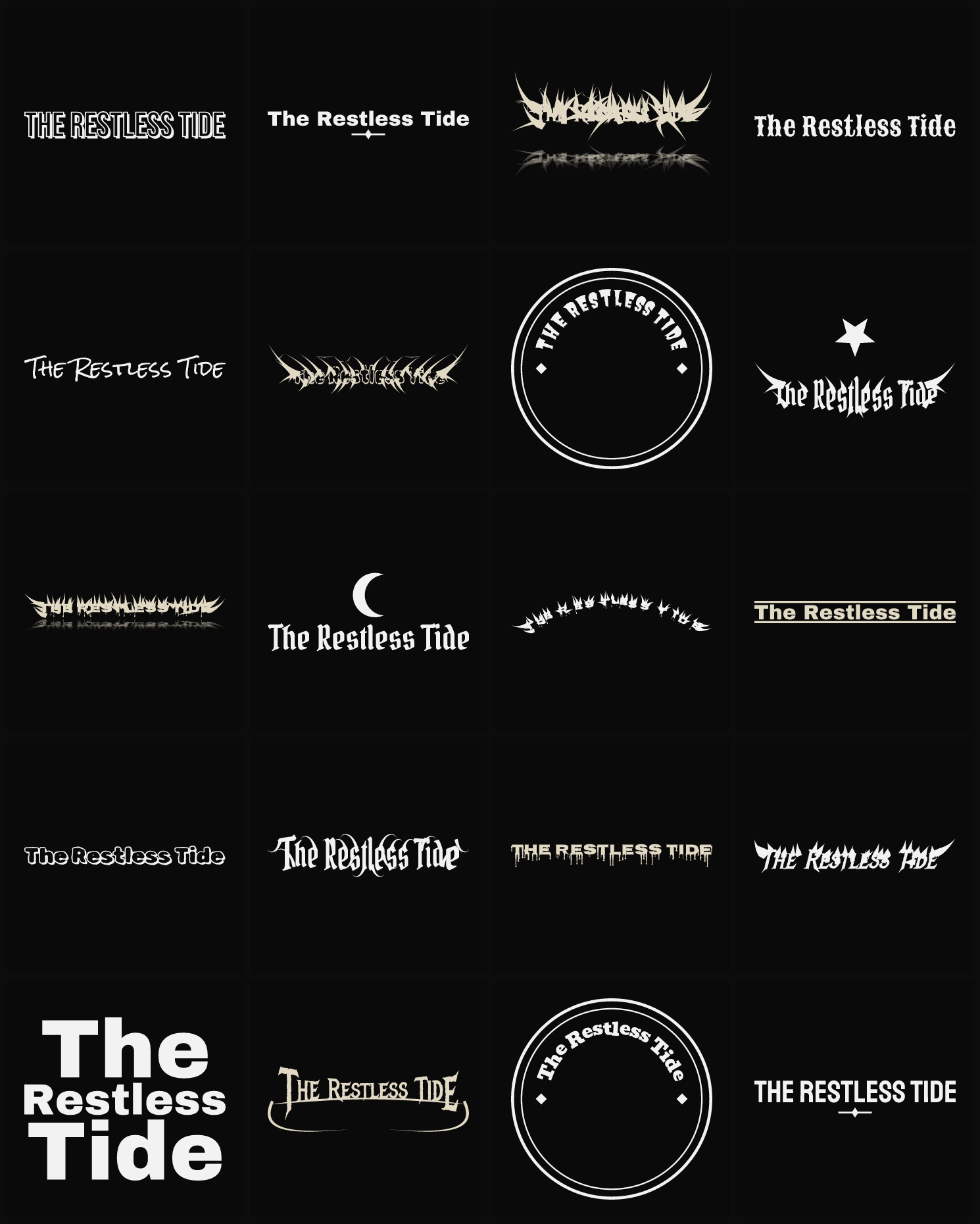 Twenty The Restless Tide band logo ideas — different faces, treatments and spike settings