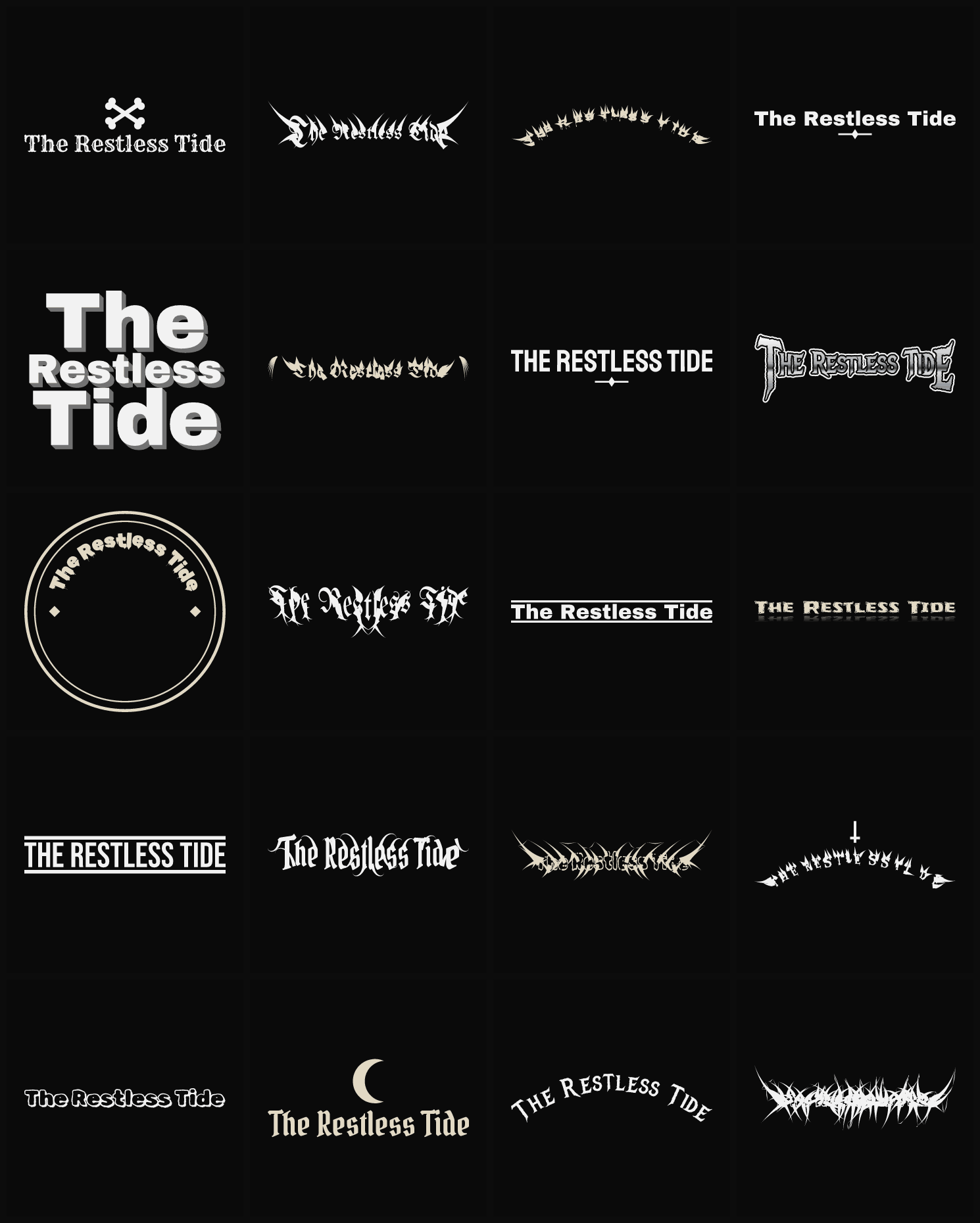 Twenty The Restless Tide band logo ideas — different faces, treatments and spike settings