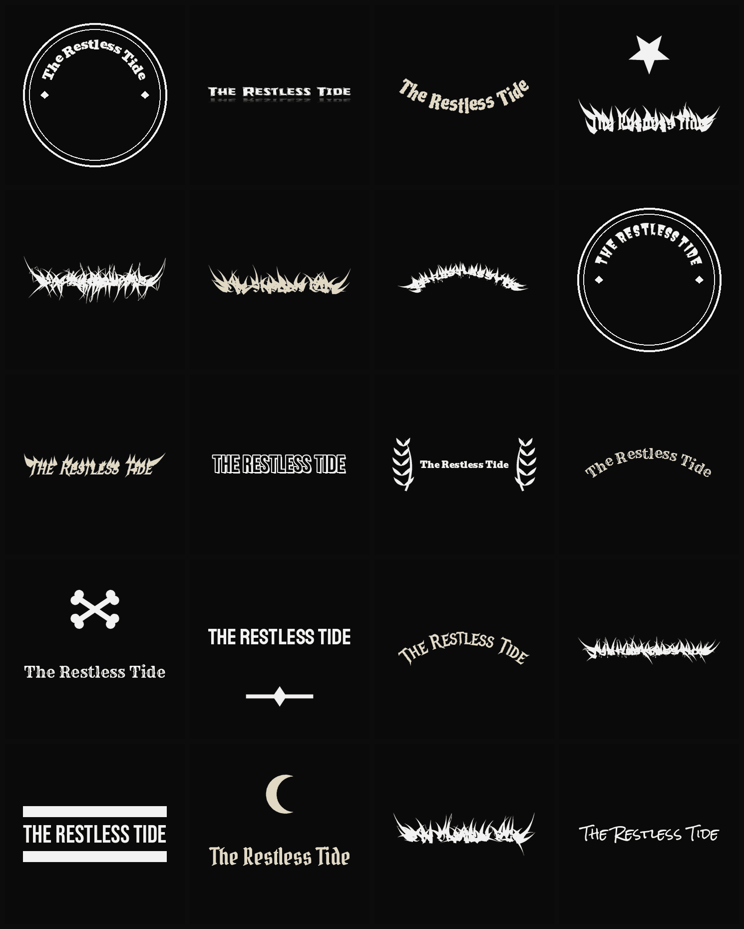 Twenty The Restless Tide band logo ideas — different faces, treatments and spike settings