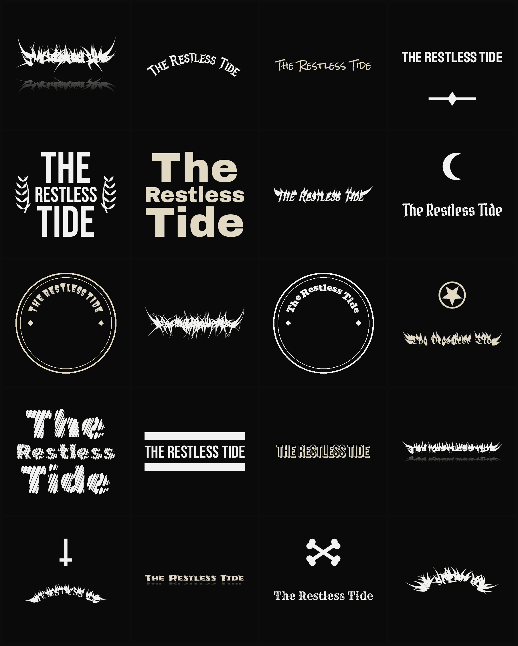 Twenty The Restless Tide band logo ideas — different faces, treatments and spike settings