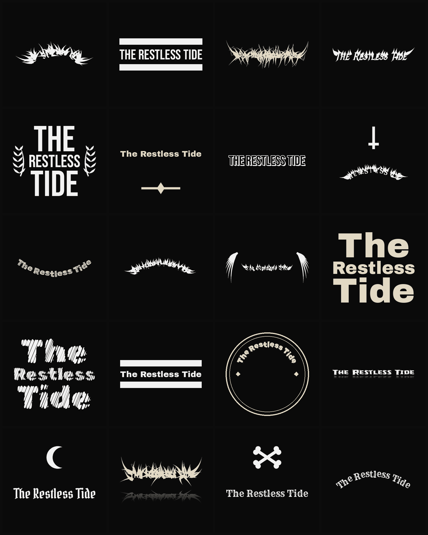 Twenty The Restless Tide band logo ideas — different faces, treatments and spike settings