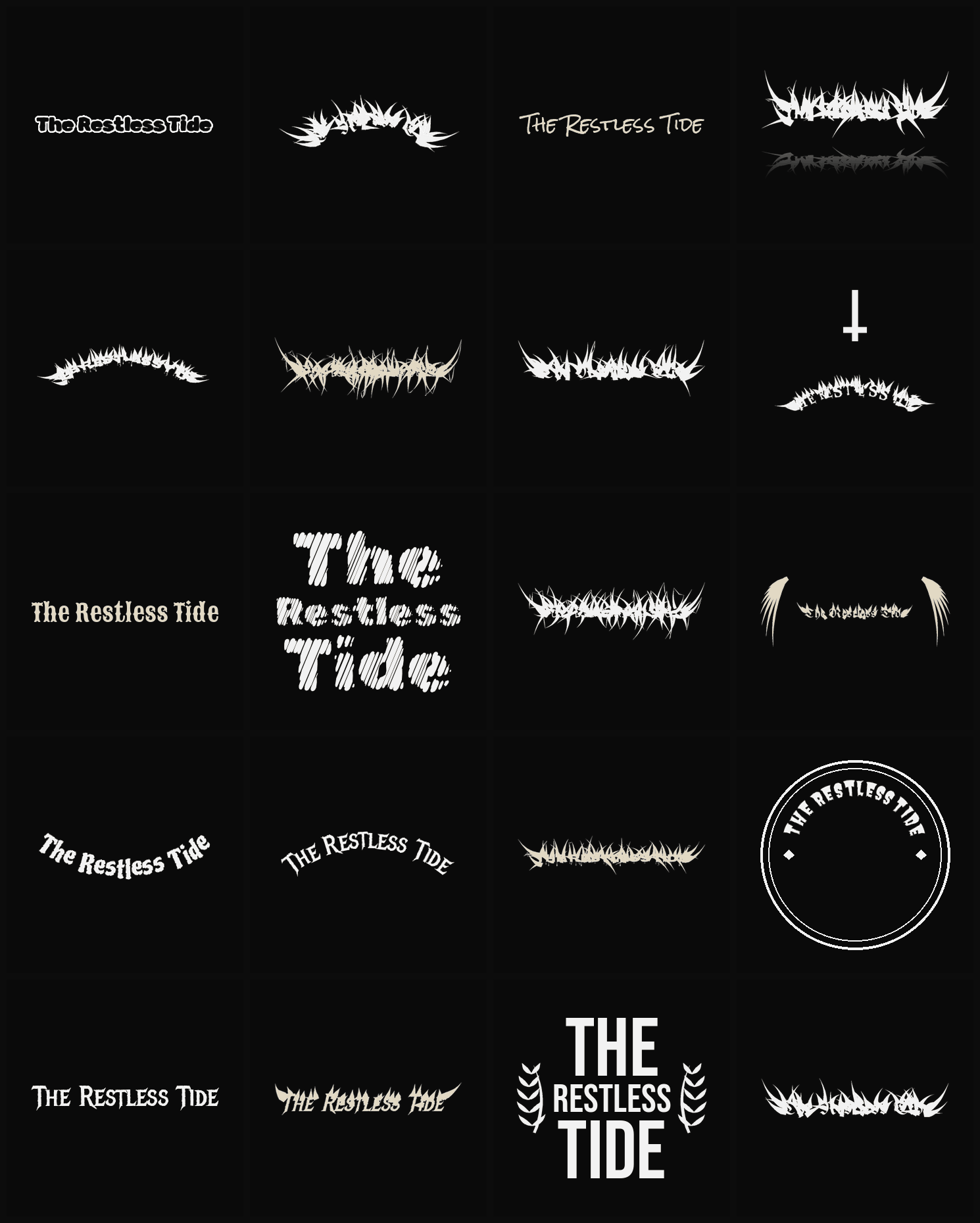 Twenty The Restless Tide band logo ideas — different faces, treatments and spike settings