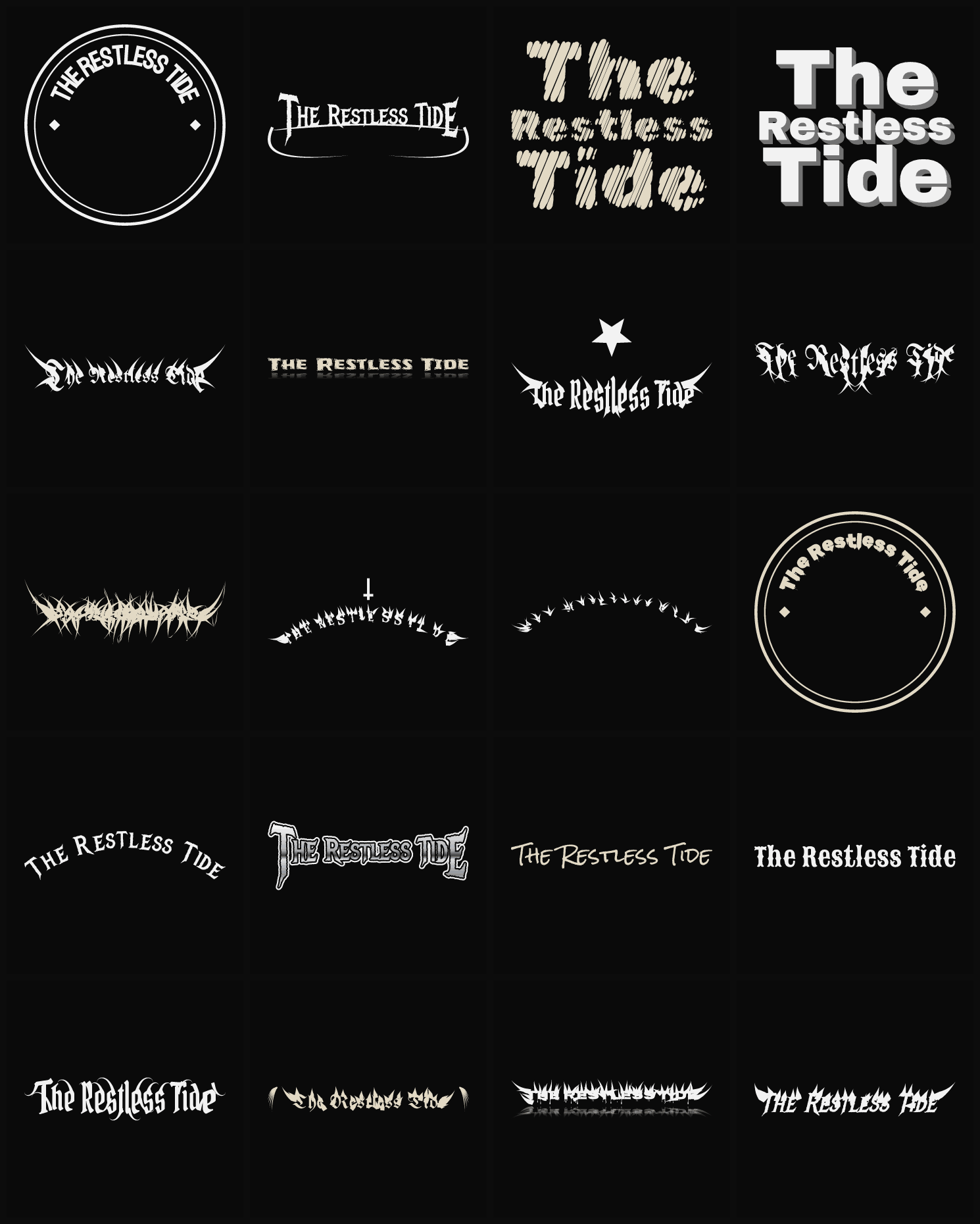 Twenty The Restless Tide band logo ideas — different faces, treatments and spike settings