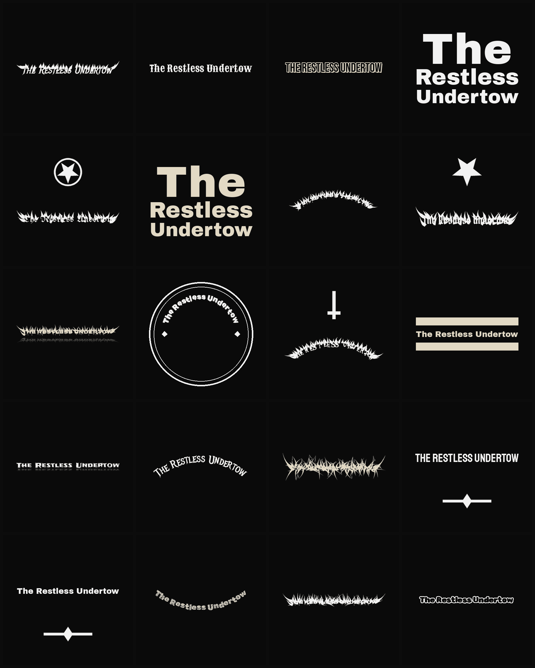 Twenty The Restless Undertow band logo ideas — different faces, treatments and spike settings