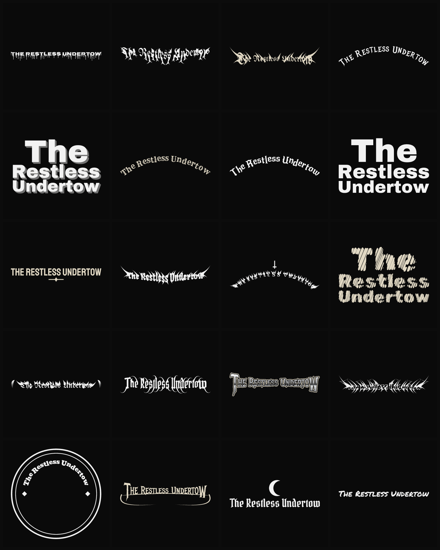 Twenty The Restless Undertow band logo ideas — different faces, treatments and spike settings