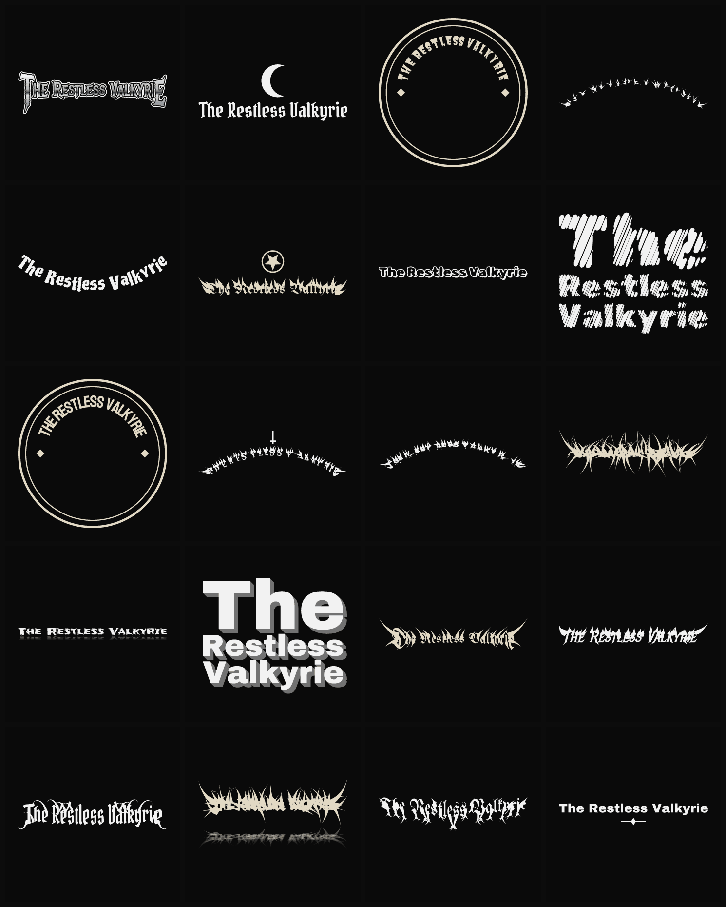Twenty The Restless Valkyrie band logo ideas — different faces, treatments and spike settings