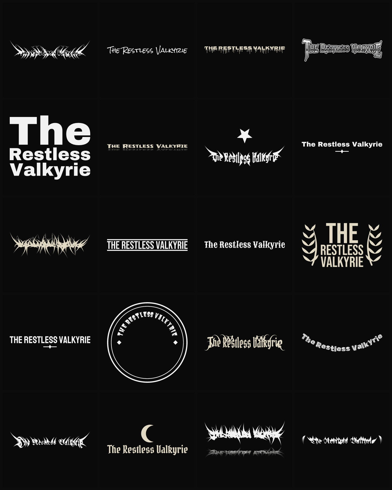 Twenty The Restless Valkyrie band logo ideas — different faces, treatments and spike settings
