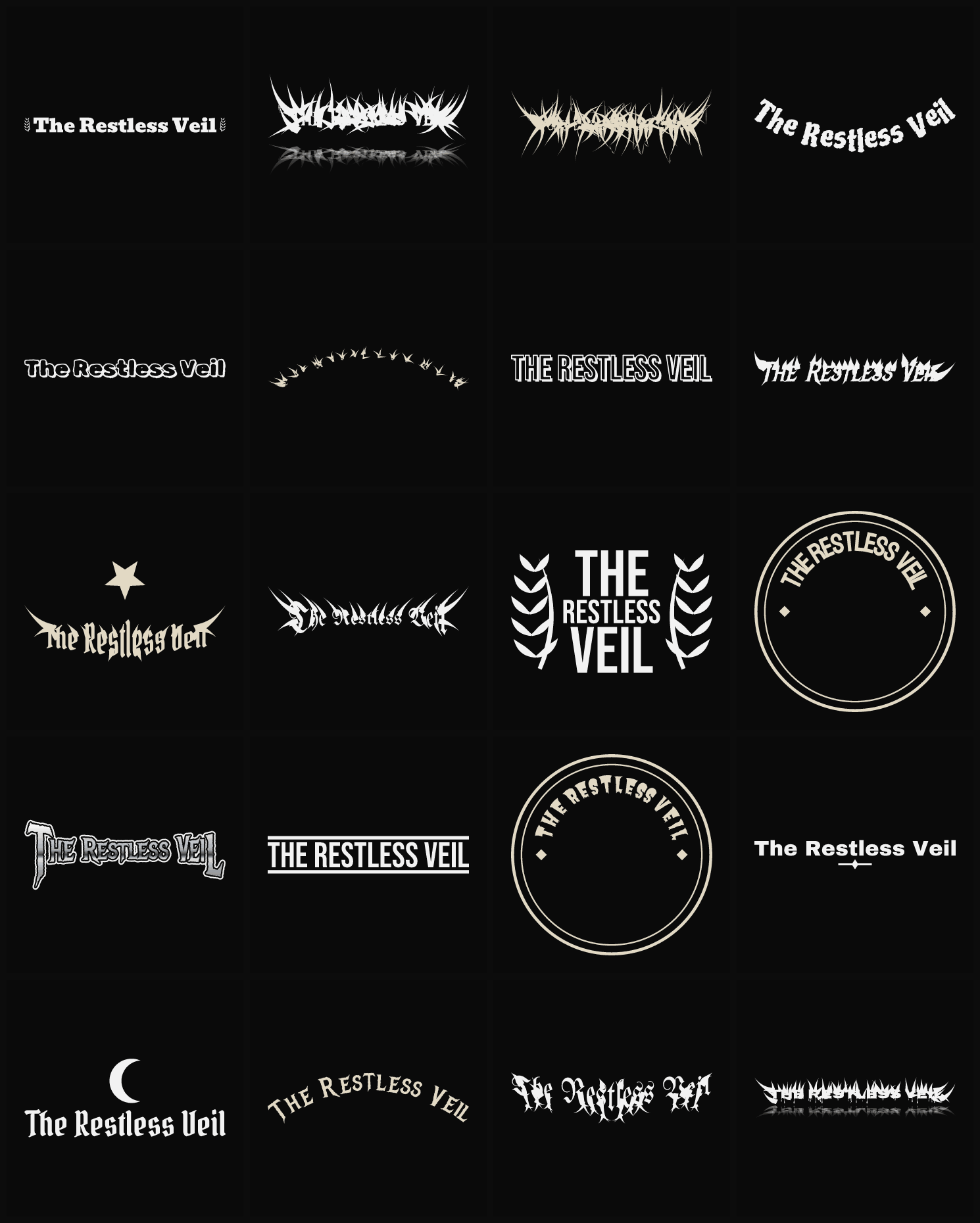 Twenty The Restless Veil band logo ideas — different faces, treatments and spike settings