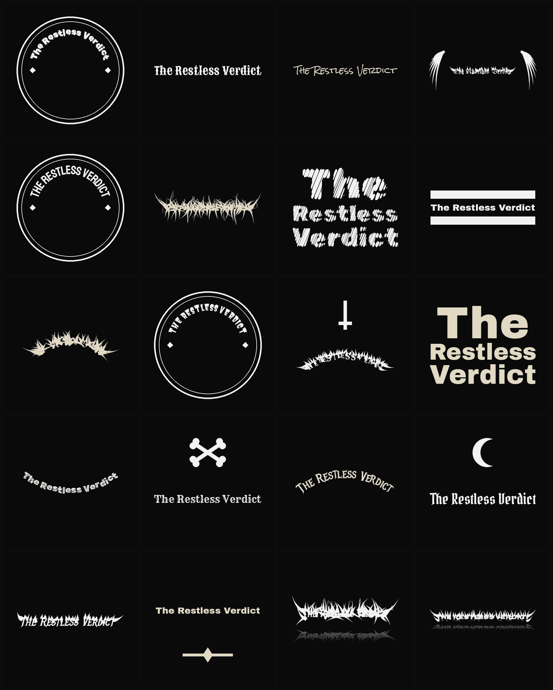 Twenty The Restless Verdict band logo ideas — different faces, treatments and spike settings
