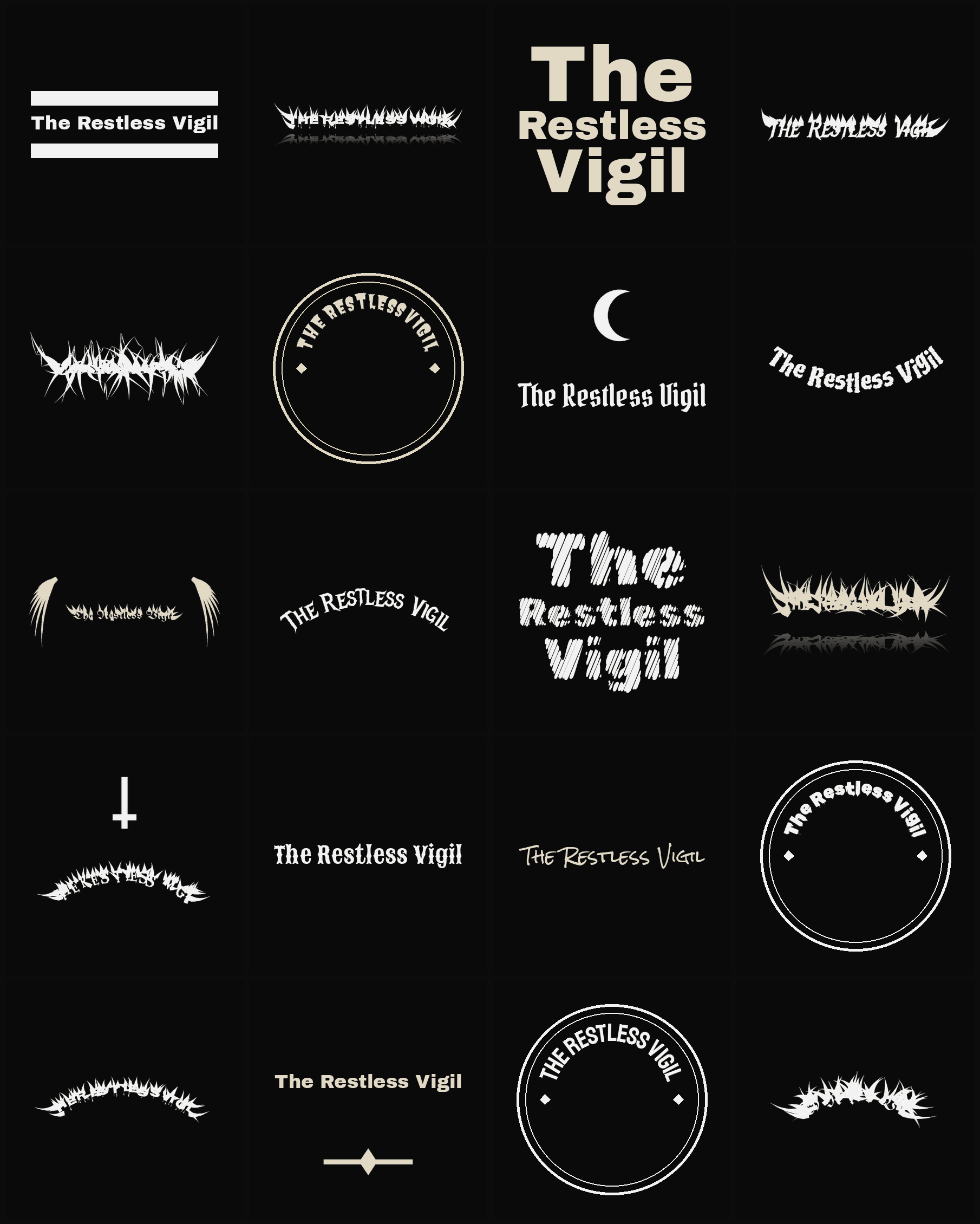 Twenty The Restless Vigil band logo ideas — different faces, treatments and spike settings