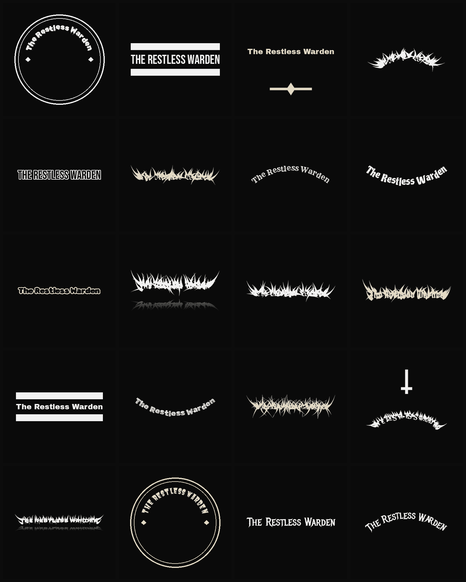 Twenty The Restless Warden band logo ideas — different faces, treatments and spike settings