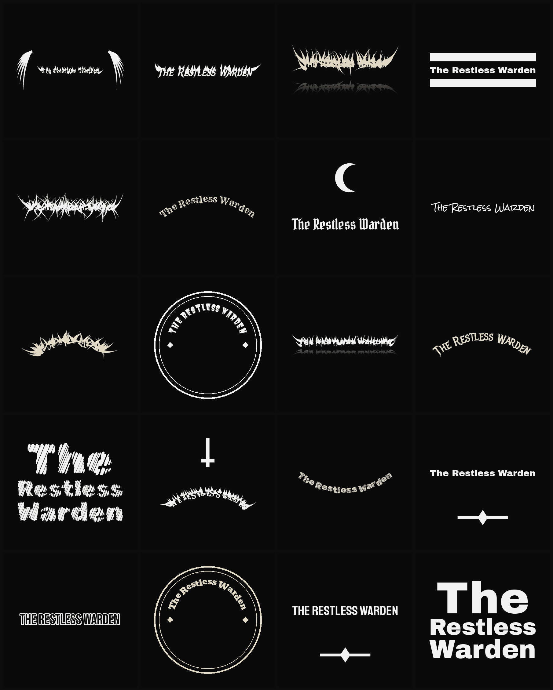 Twenty The Restless Warden band logo ideas — different faces, treatments and spike settings