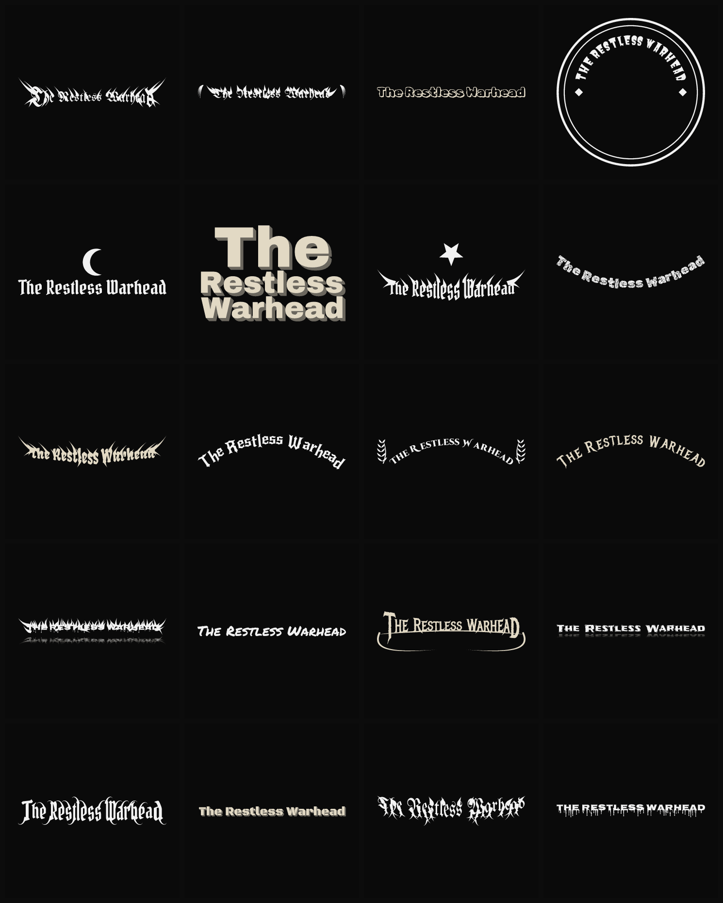 Twenty The Restless Warhead band logo ideas — different faces, treatments and spike settings