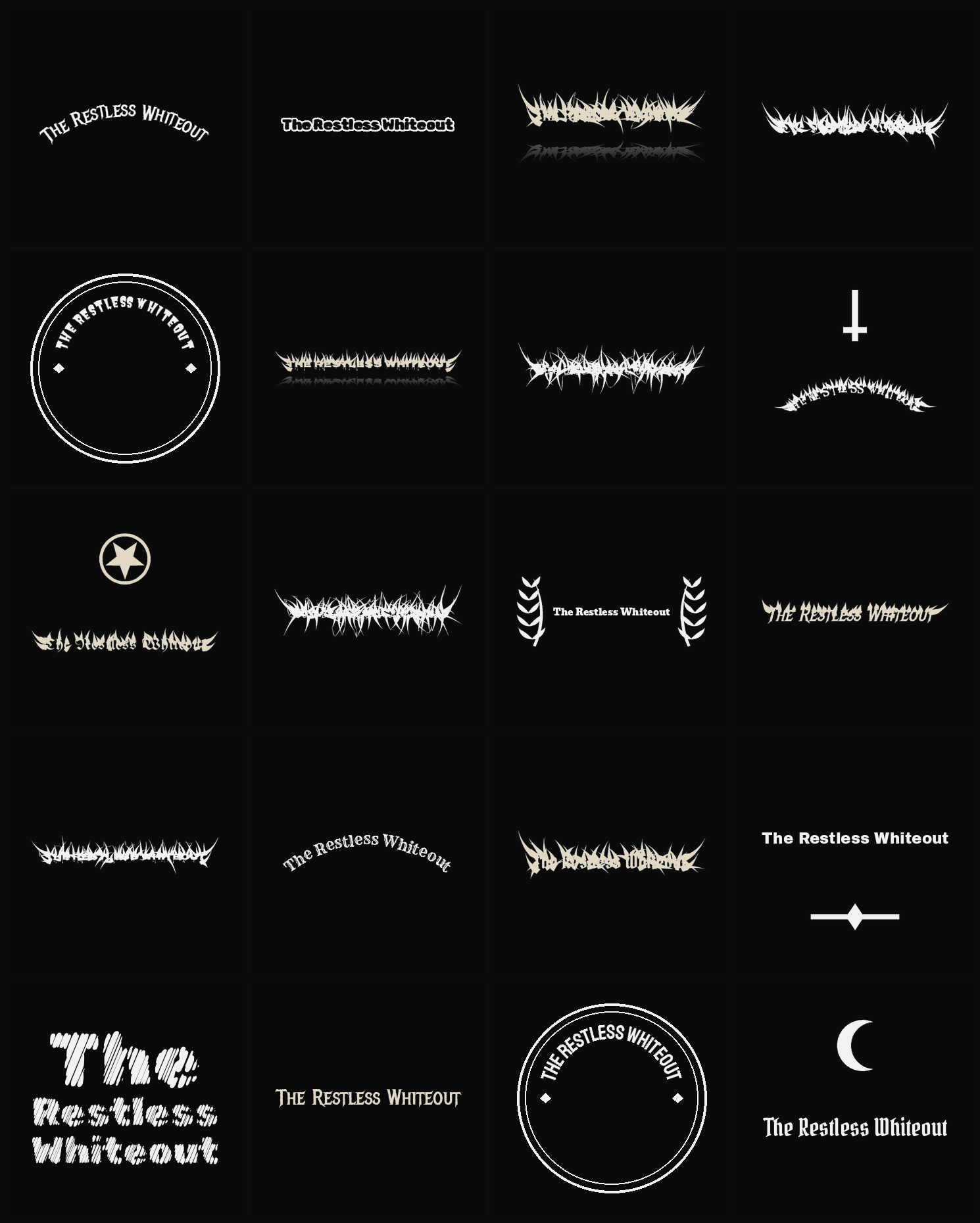 Twenty The Restless Whiteout band logo ideas — different faces, treatments and spike settings
